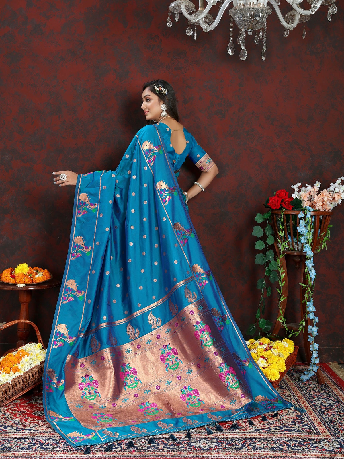 Vedant Vastram Rama Color Paithani Silk Saree - Rama | Grocsy