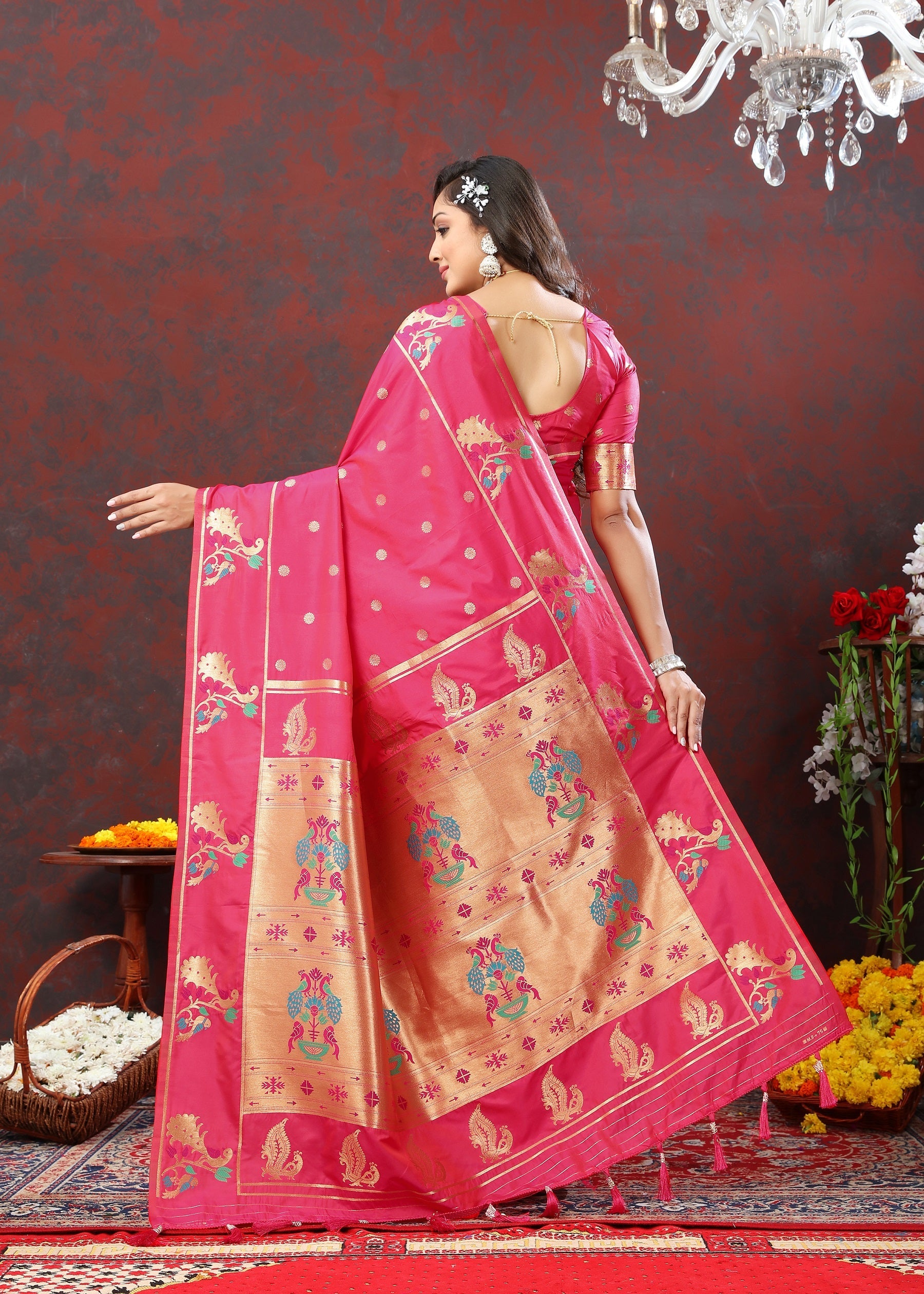Vedant Vastram Rani Pink Color Paithani Silk Saree - Rani Pink | Grocsy
