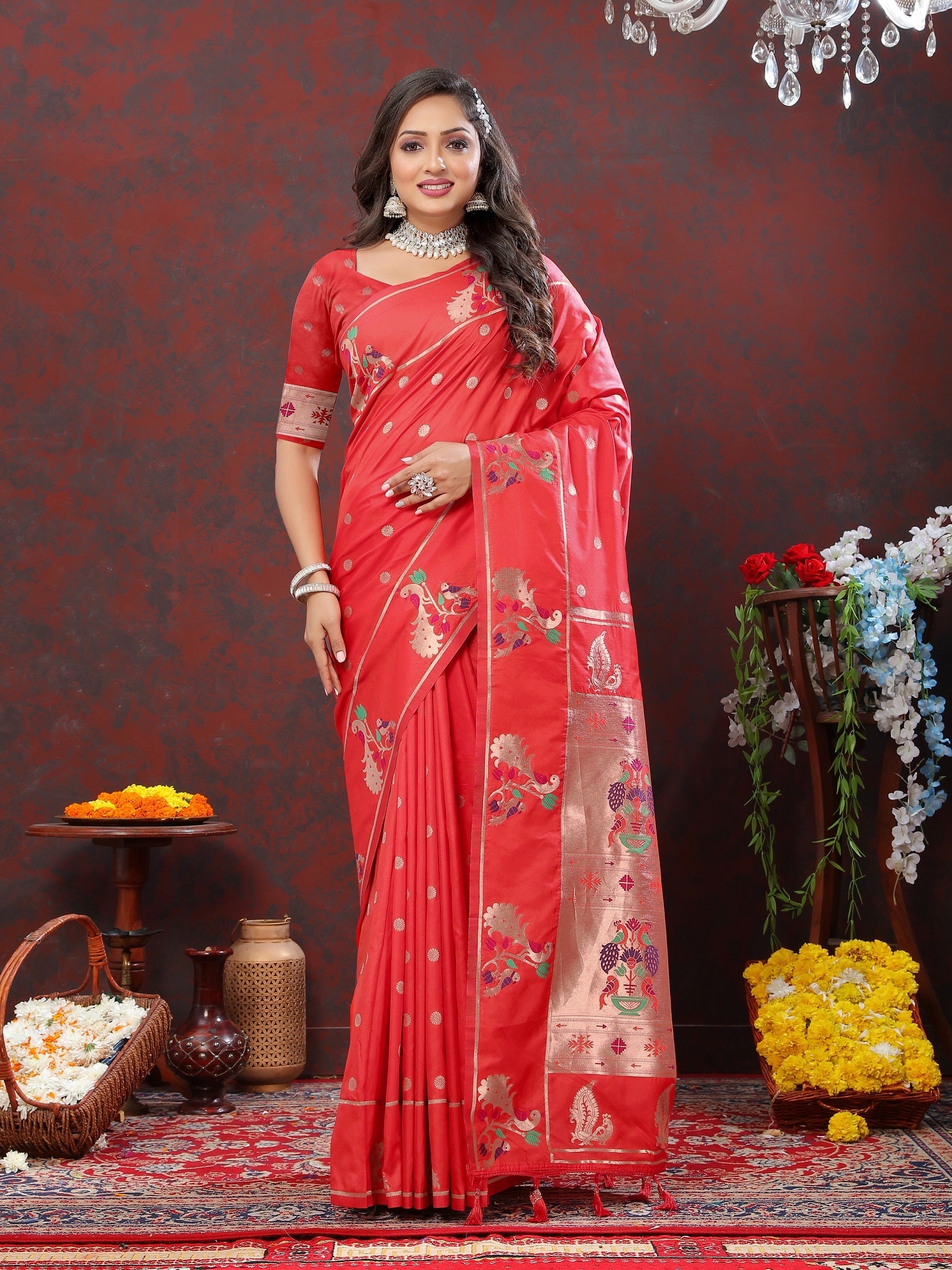 Vedant Vastram Red Color Paithani Silk Saree - Red | Grocsy