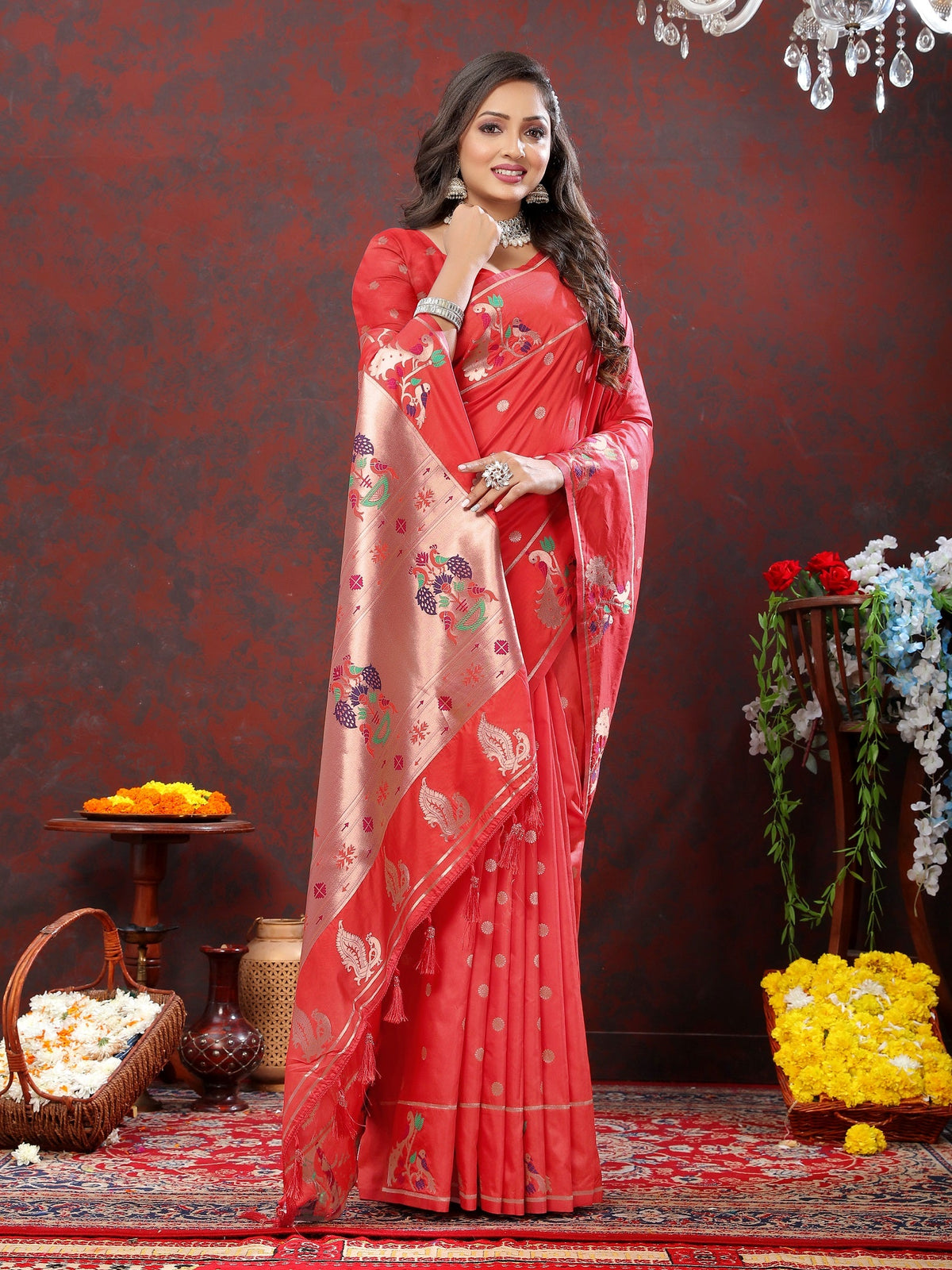 Vedant Vastram Red Color Paithani Silk Saree - Red | Grocsy