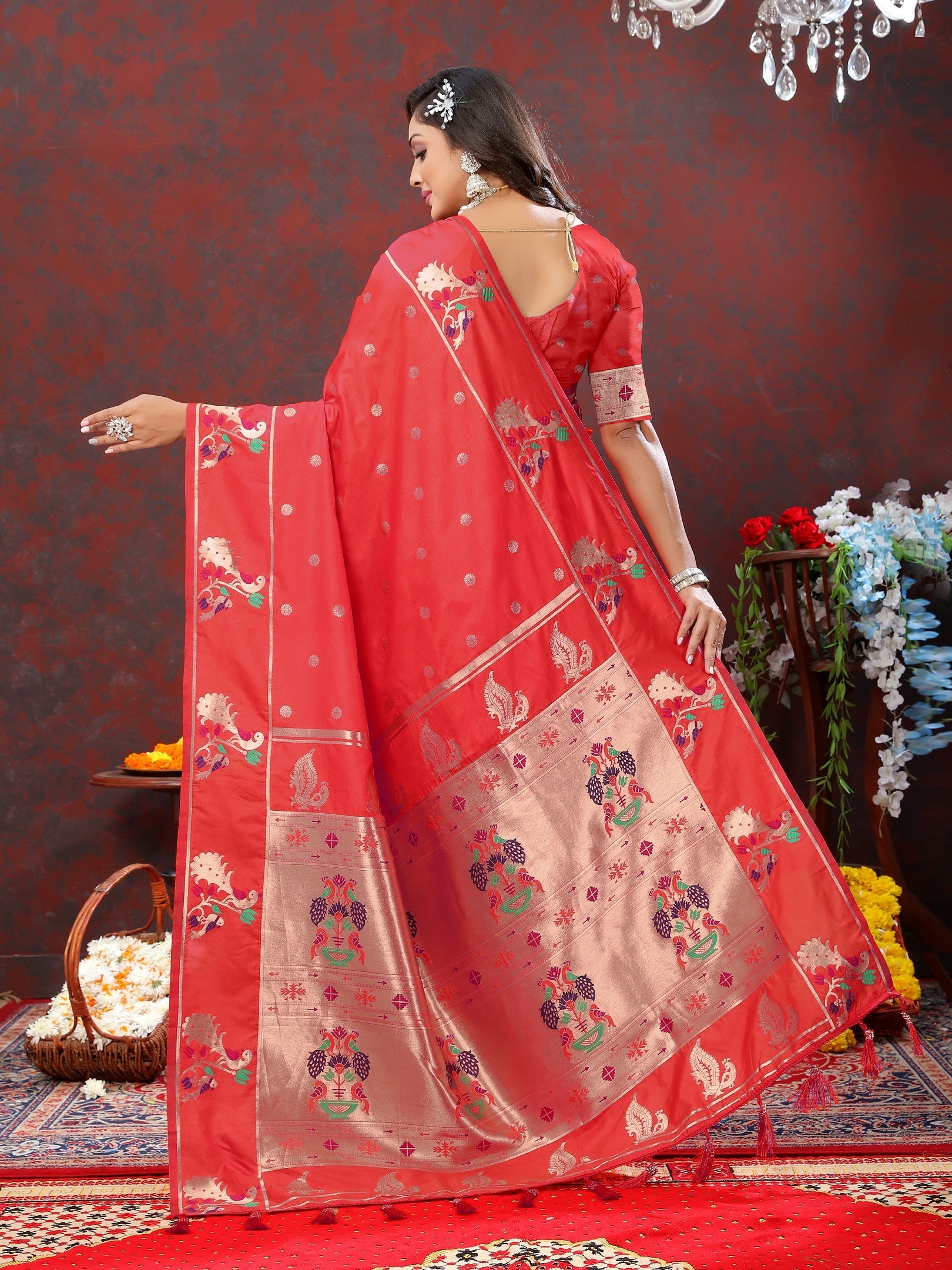 Vedant Vastram Red Color Paithani Silk Saree - Red | Grocsy