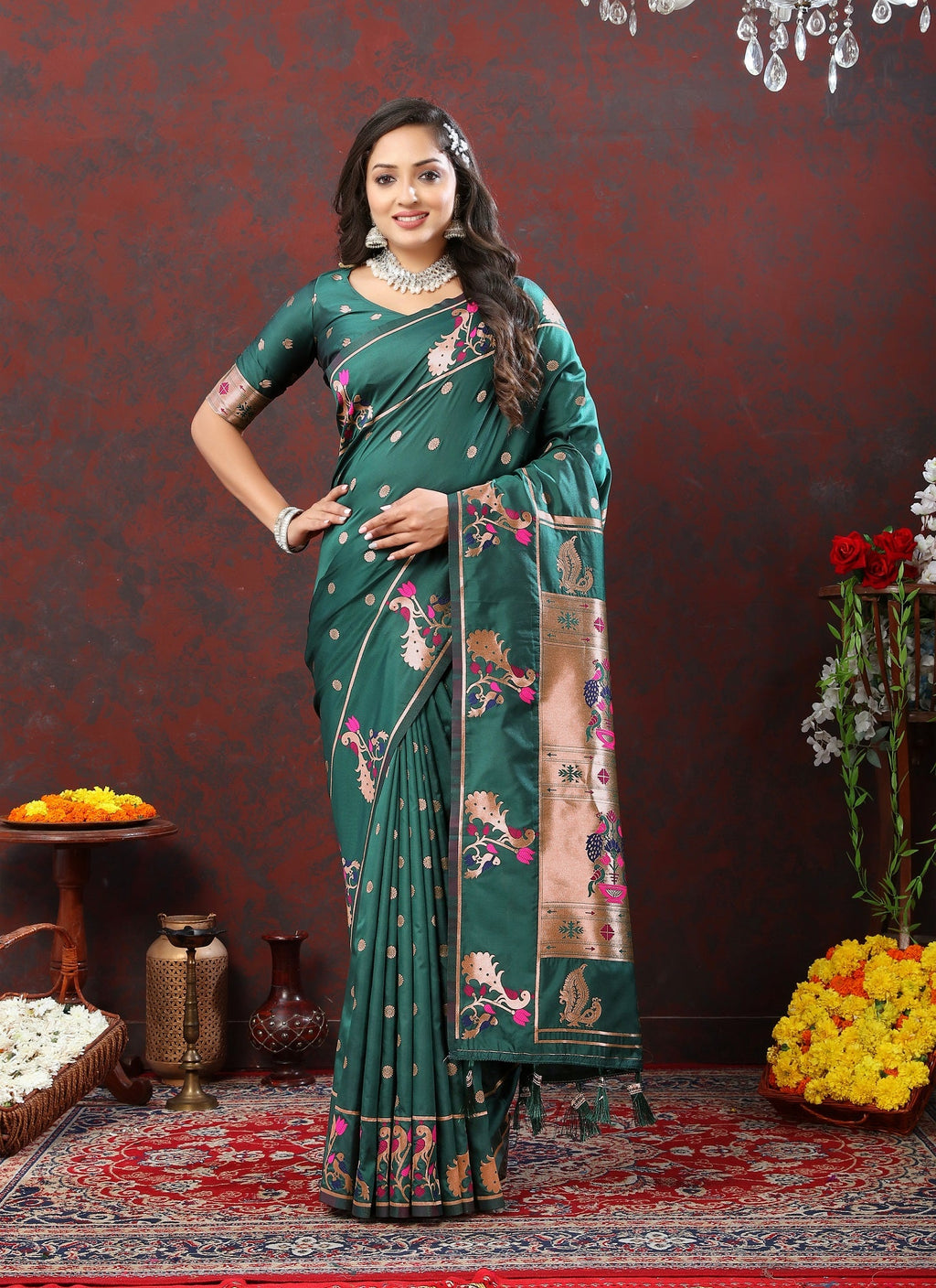 Vedant Vastram Red Green Color Paithani Silk Saree - Green | Grocsy