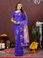 Vedant Vastram Royal Blue Color Paithani Silk Saree - Royal Blue | Grocsy