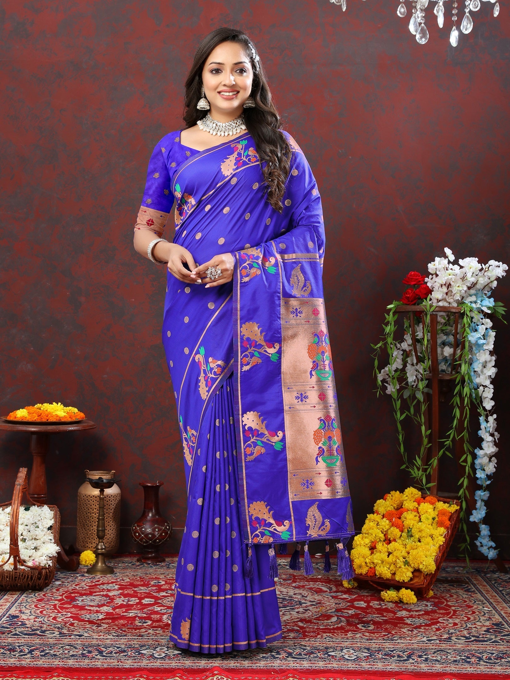 Vedant Vastram Royal Blue Color Paithani Silk Saree - Royal Blue | Grocsy