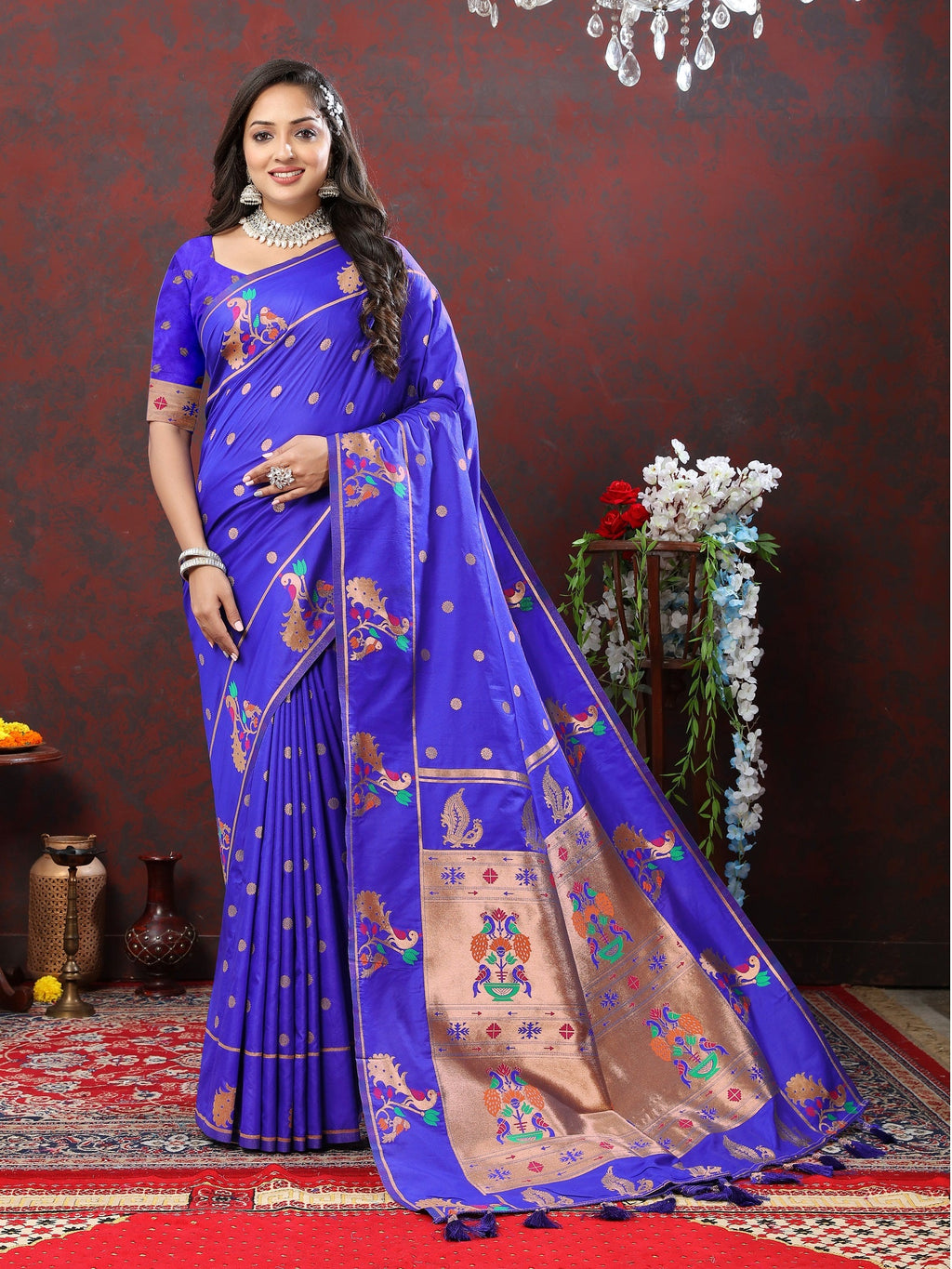 Vedant Vastram Royal Blue Color Paithani Silk Saree - Royal Blue | Grocsy