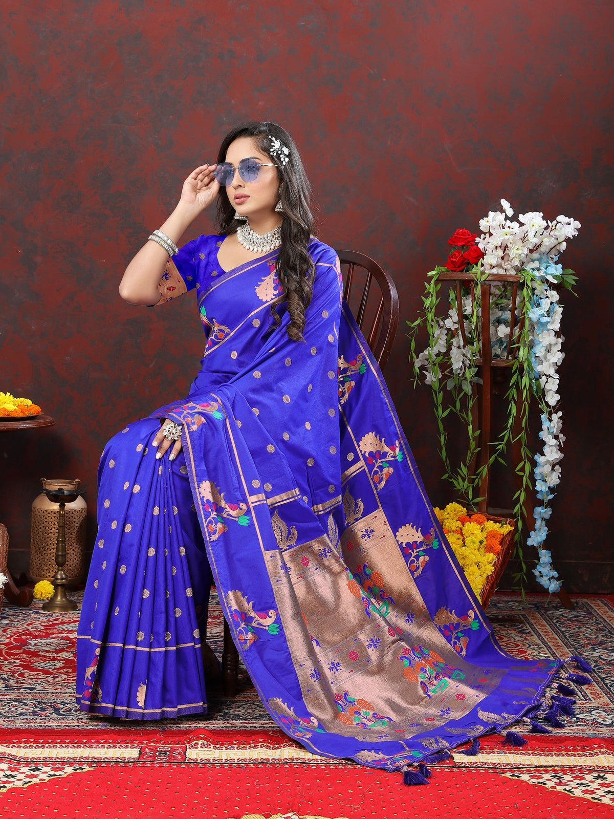 Vedant Vastram Royal Blue Color Paithani Silk Saree - Royal Blue | Grocsy