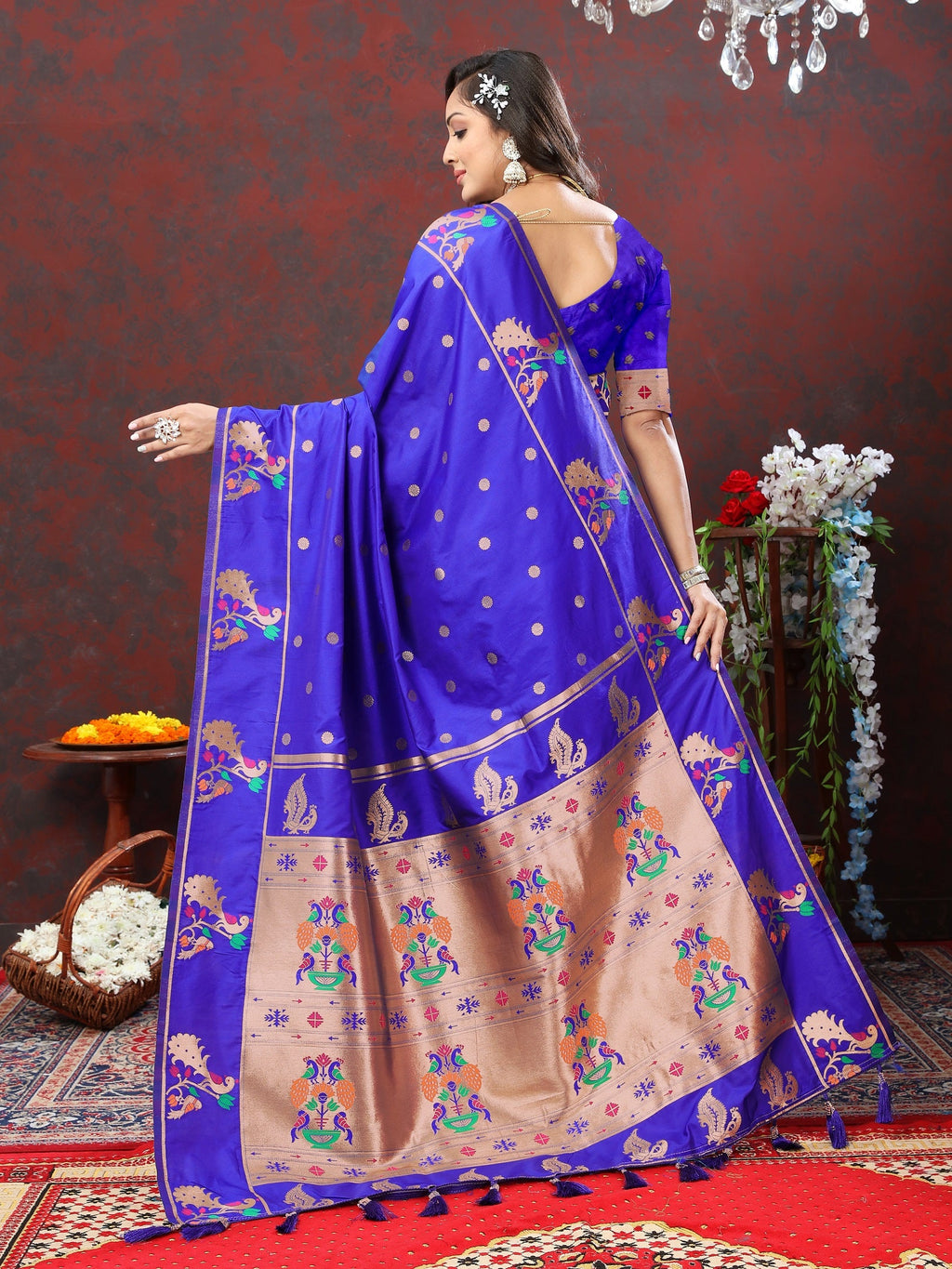 Vedant Vastram Royal Blue Color Paithani Silk Saree - Royal Blue | Grocsy