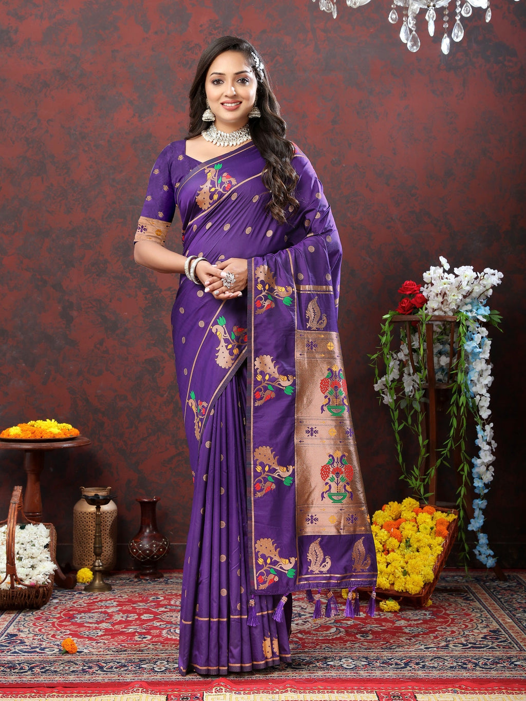 Vedant Vastram Violet Color Paithani Silk Saree - Violet | Grocsy