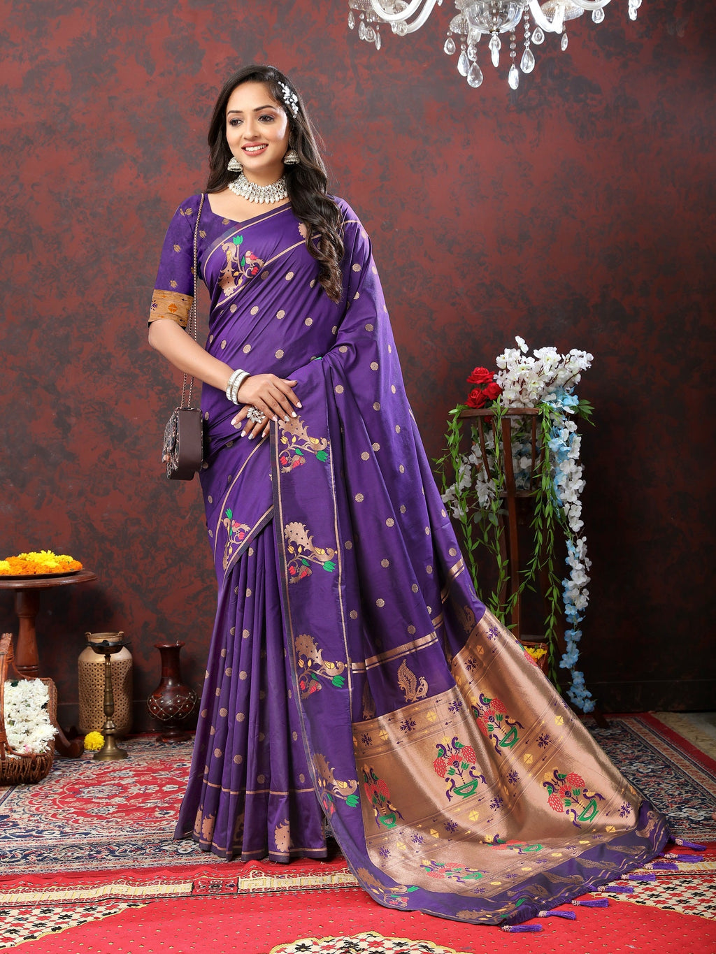 Vedant Vastram Violet Color Paithani Silk Saree - Violet | Grocsy