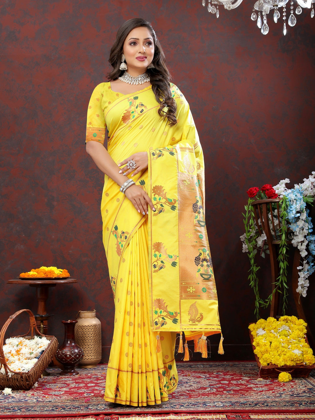 Vedant Vastram Yellow Color Paithani Silk Saree - Yellow | Grocsy