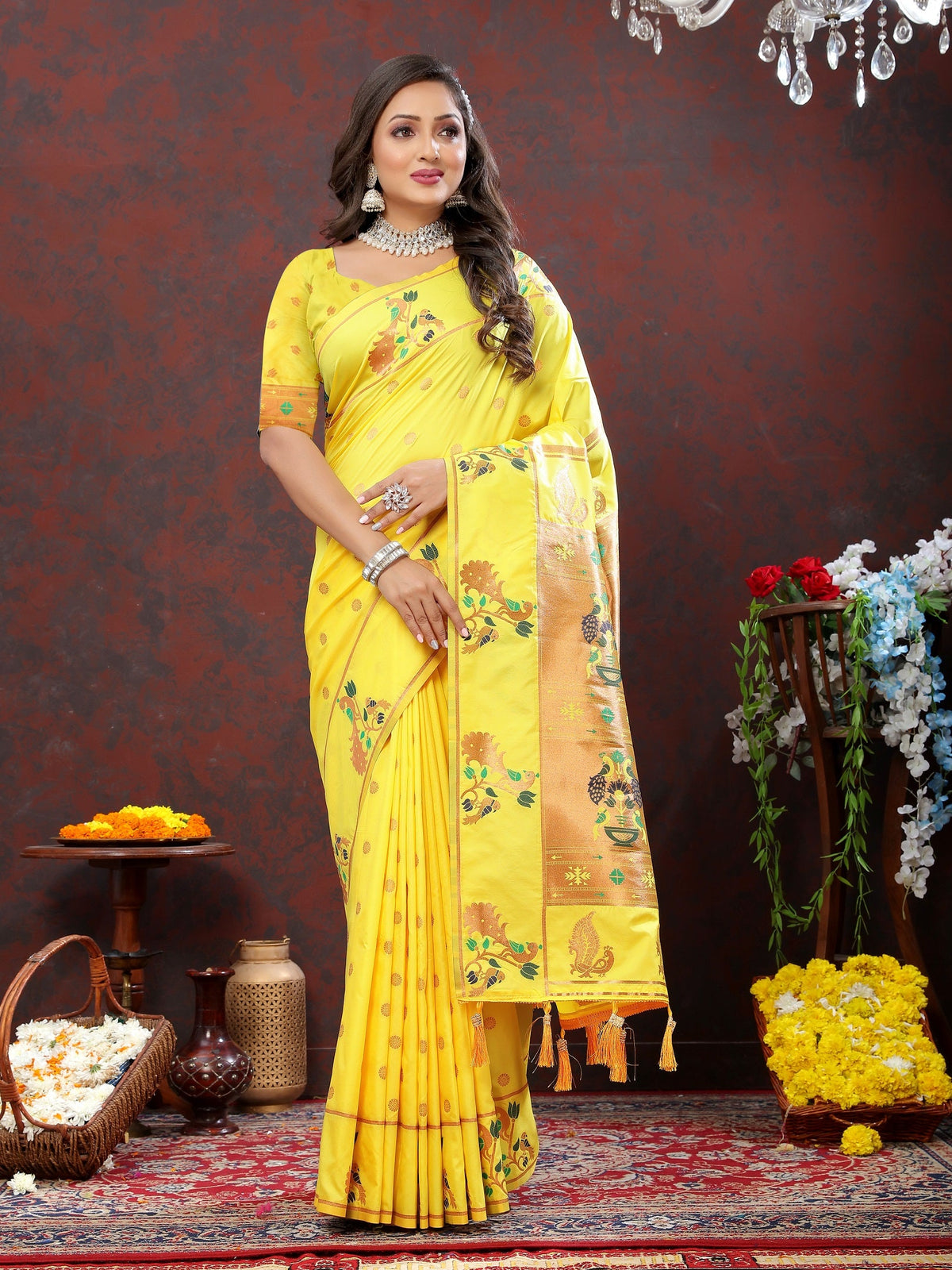 Vedant Vastram Yellow Color Paithani Silk Saree - Yellow | Grocsy