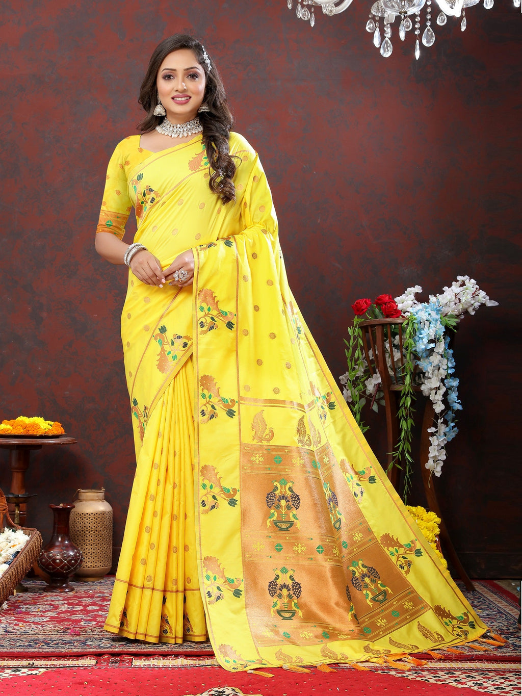 Vedant Vastram Yellow Color Paithani Silk Saree - Yellow | Grocsy