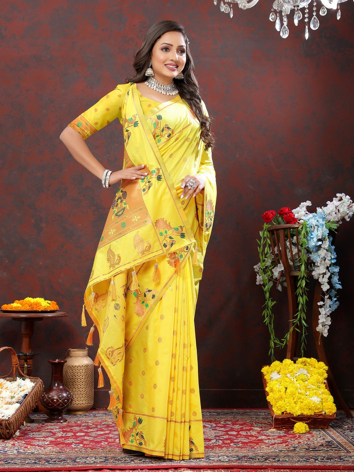 Vedant Vastram Yellow Color Paithani Silk Saree - Yellow | Grocsy