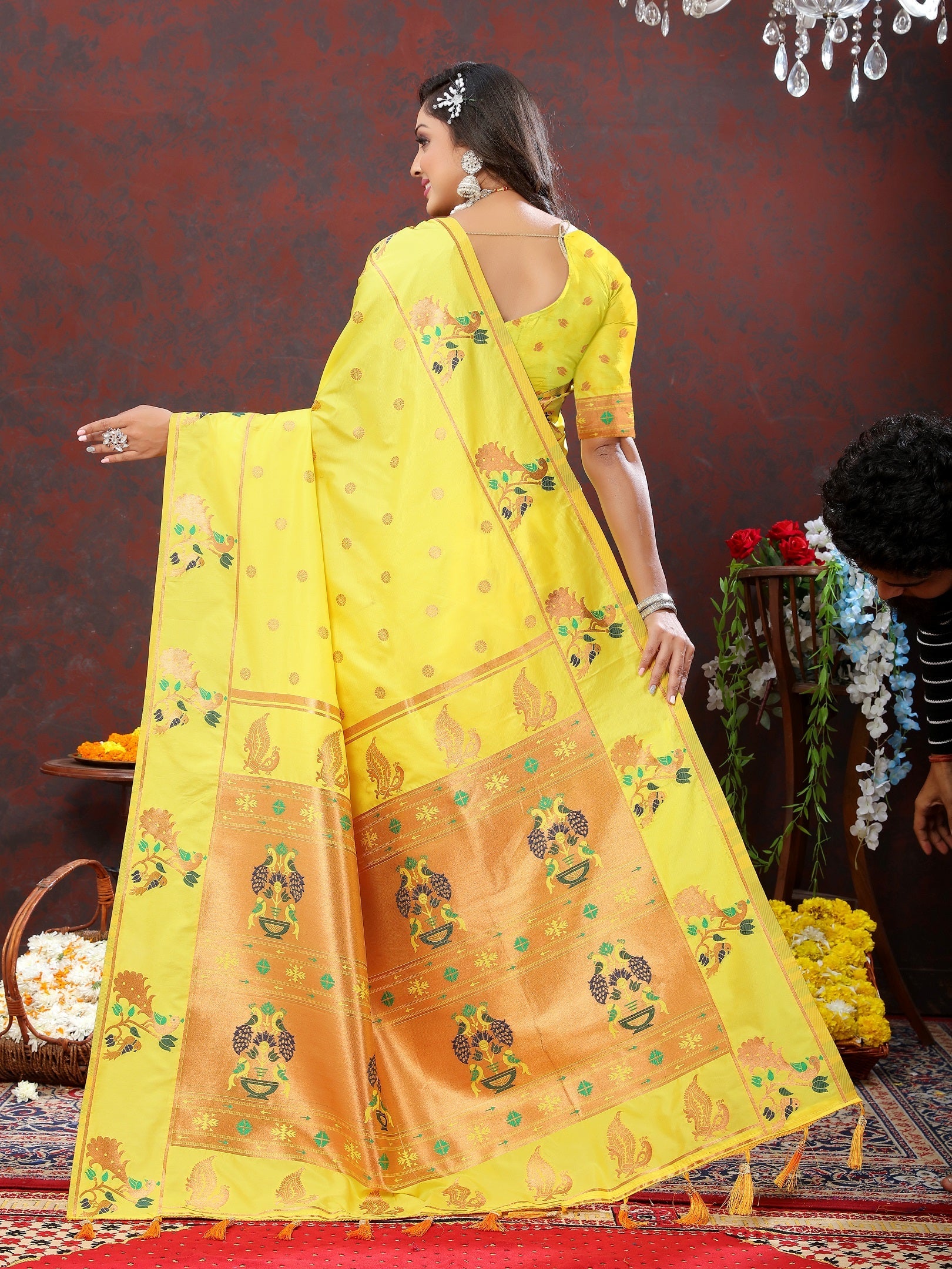 Vedant Vastram Yellow Color Paithani Silk Saree - Yellow | Grocsy