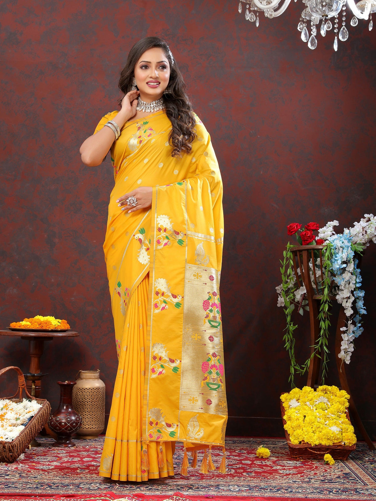 Vedant Vastram Mustard Color Paithani Silk Saree - Mustard | Grocsy