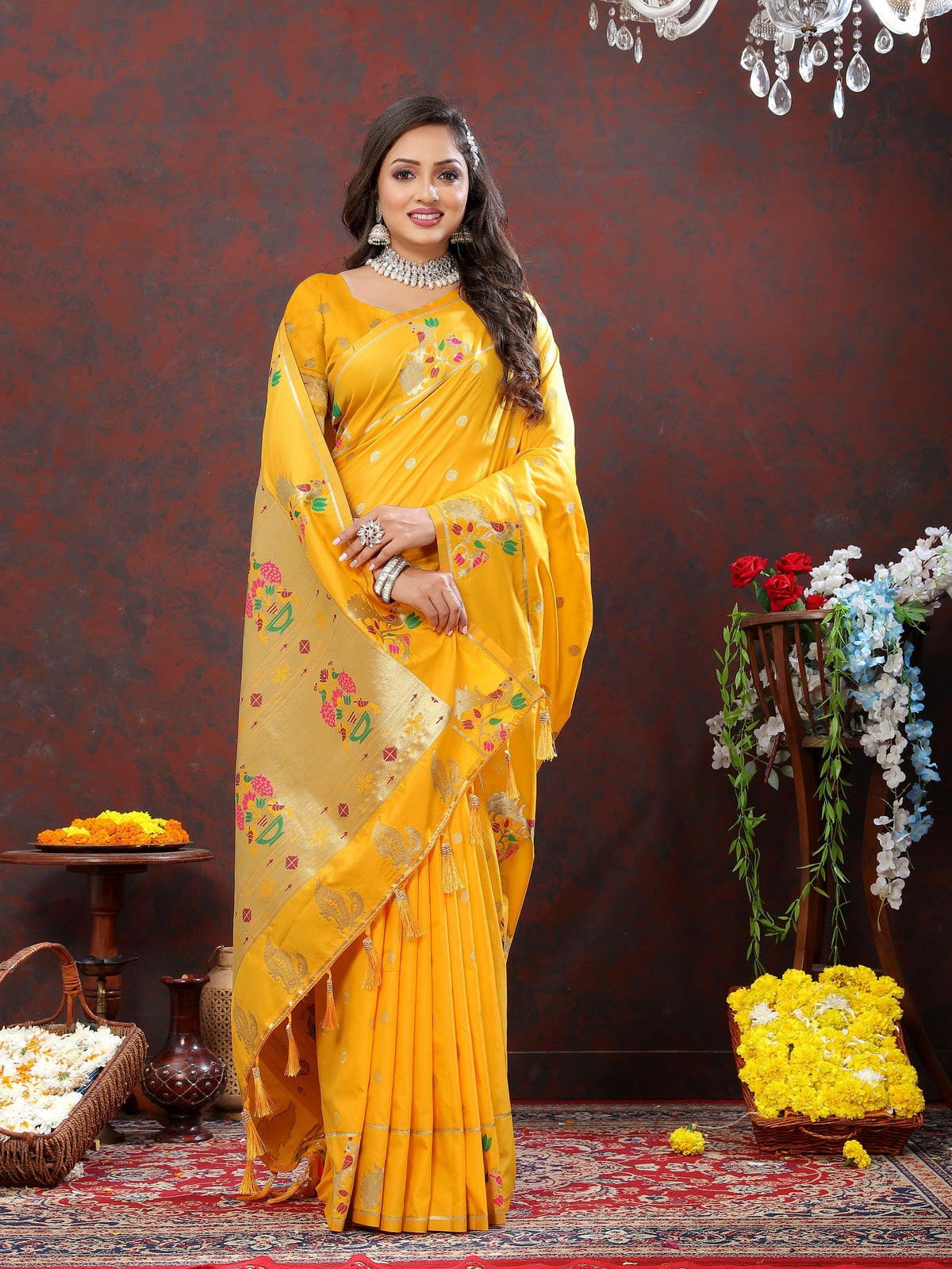 Vedant Vastram Mustard Color Paithani Silk Saree - Mustard | Grocsy