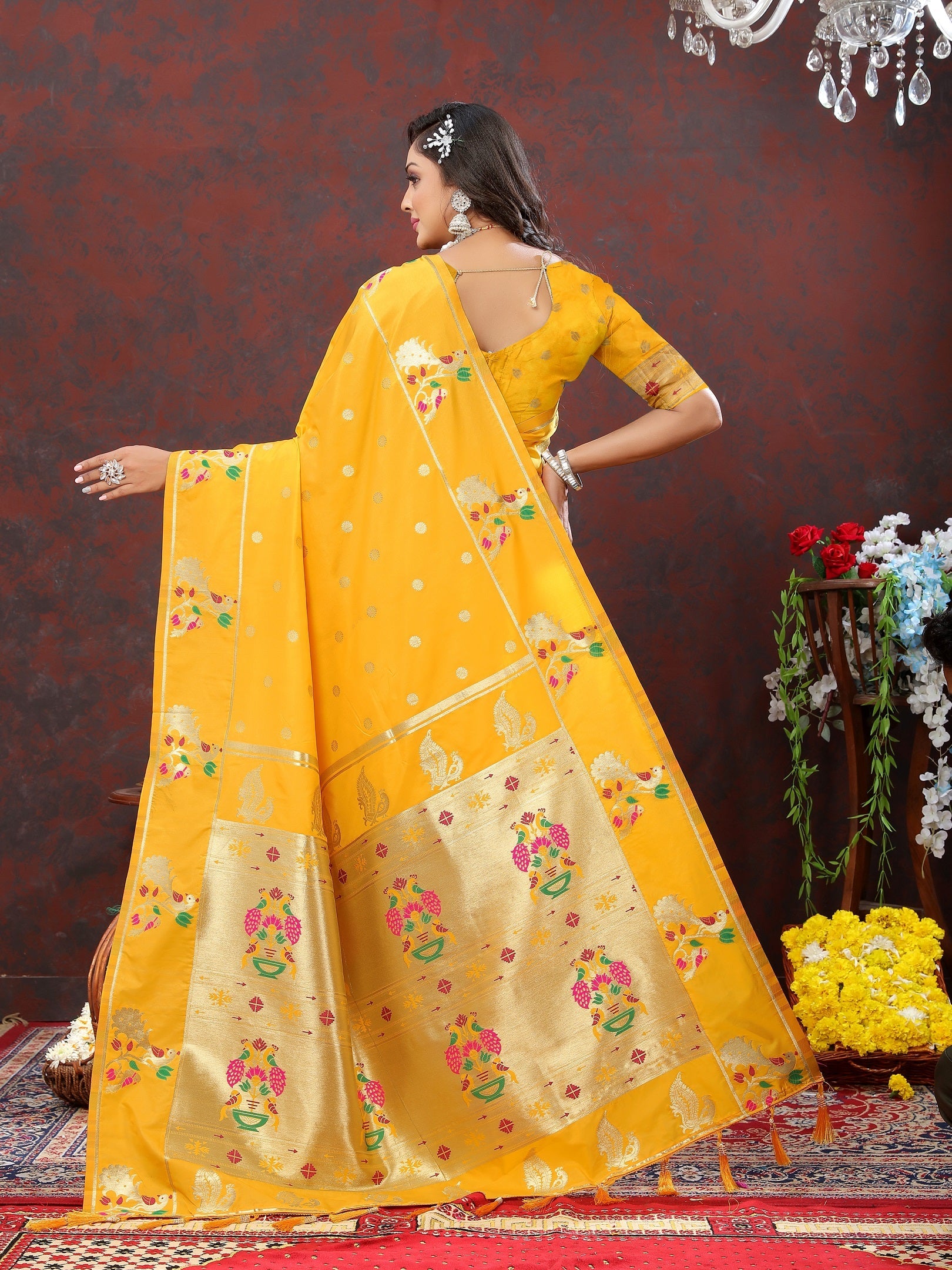 Vedant Vastram Mustard Color Paithani Silk Saree - Mustard | Grocsy