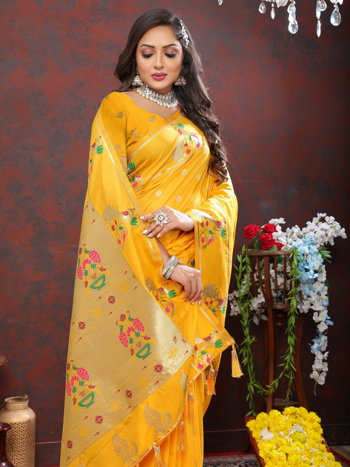 Vedant Vastram Mustard Color Paithani Silk Saree - Mustard | Grocsy