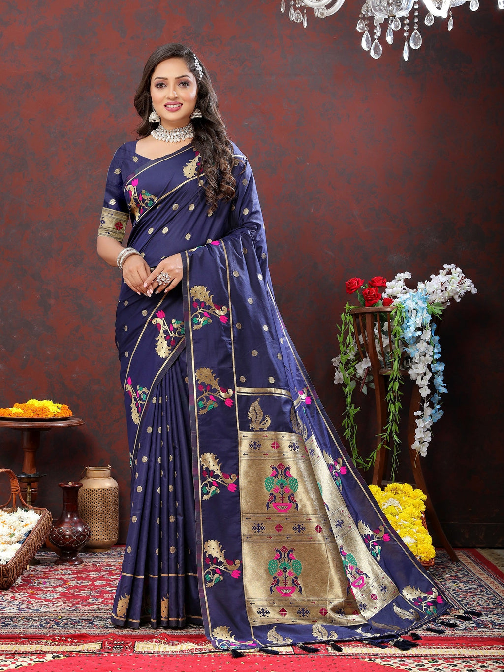 Vedant Vastram Navy Blue Color Paithani Silk Saree - Navy Blue | Grocsy