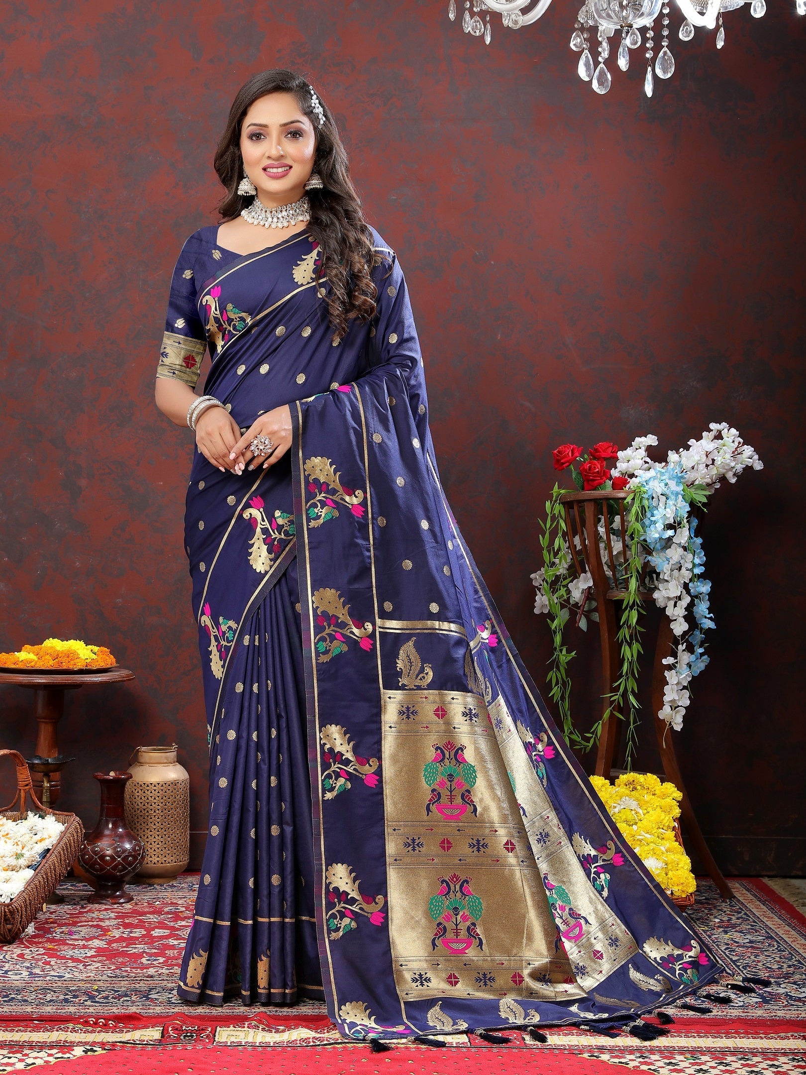 Vedant Vastram Navy Blue Color Paithani Silk Saree - Navy Blue | Grocsy