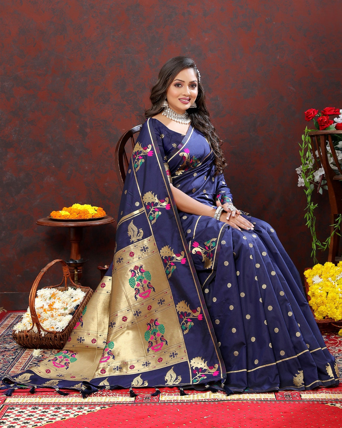 Vedant Vastram Navy Blue Color Paithani Silk Saree - Navy Blue | Grocsy