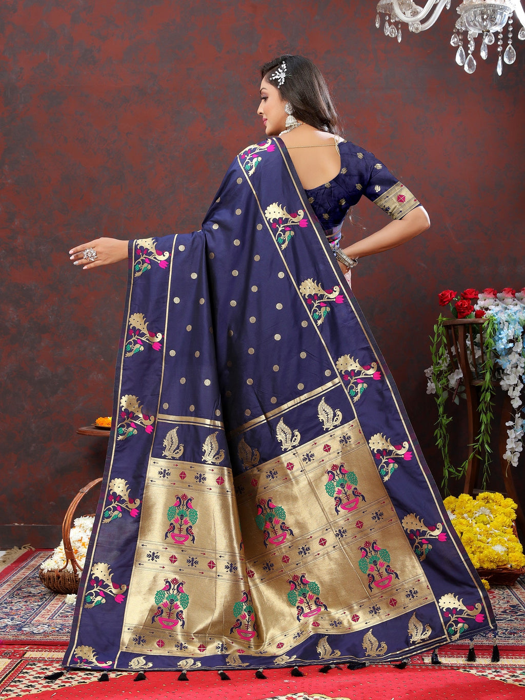 Vedant Vastram Navy Blue Color Paithani Silk Saree - Navy Blue | Grocsy