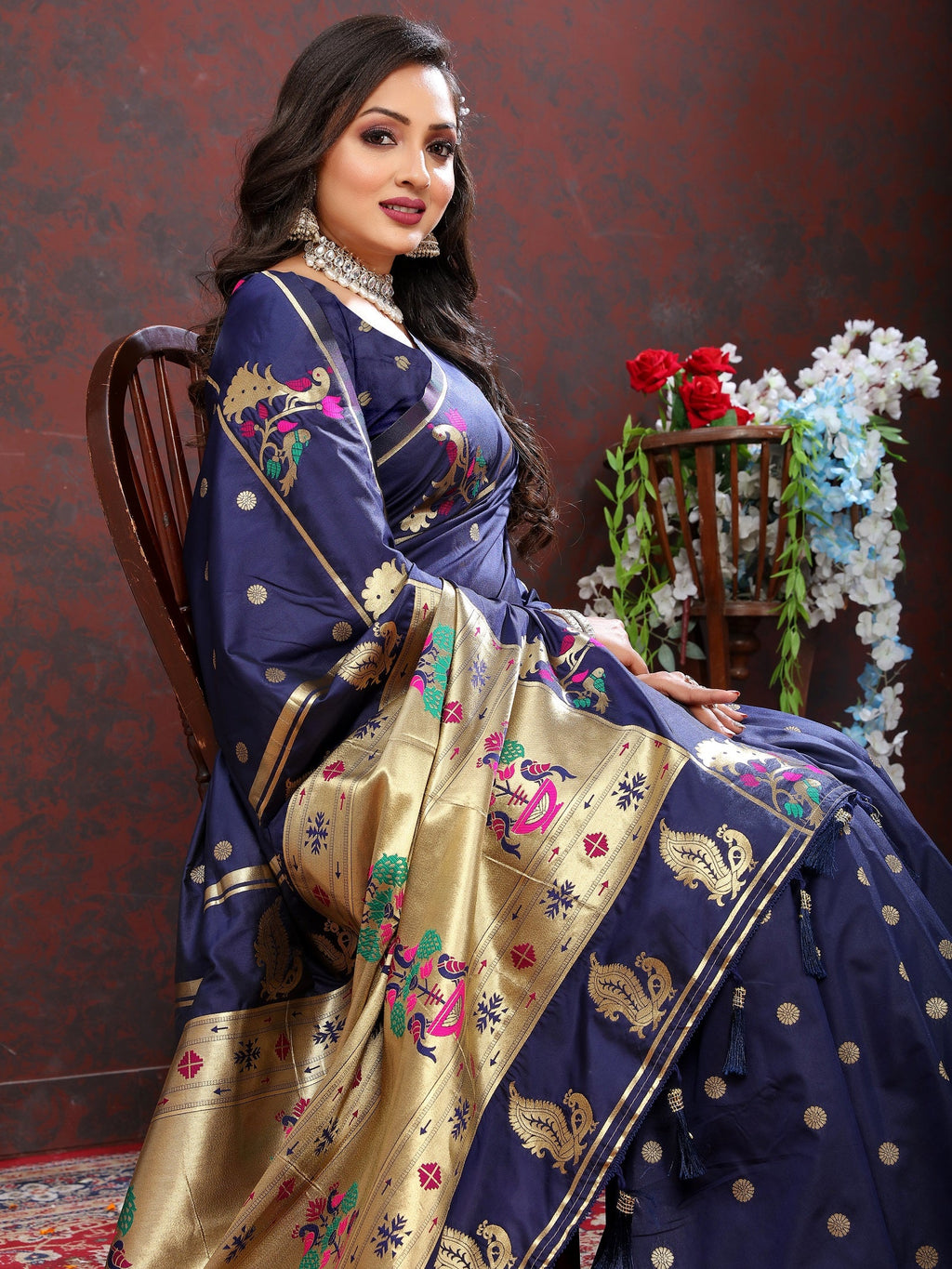 Vedant Vastram Navy Blue Color Paithani Silk Saree - Navy Blue | Grocsy