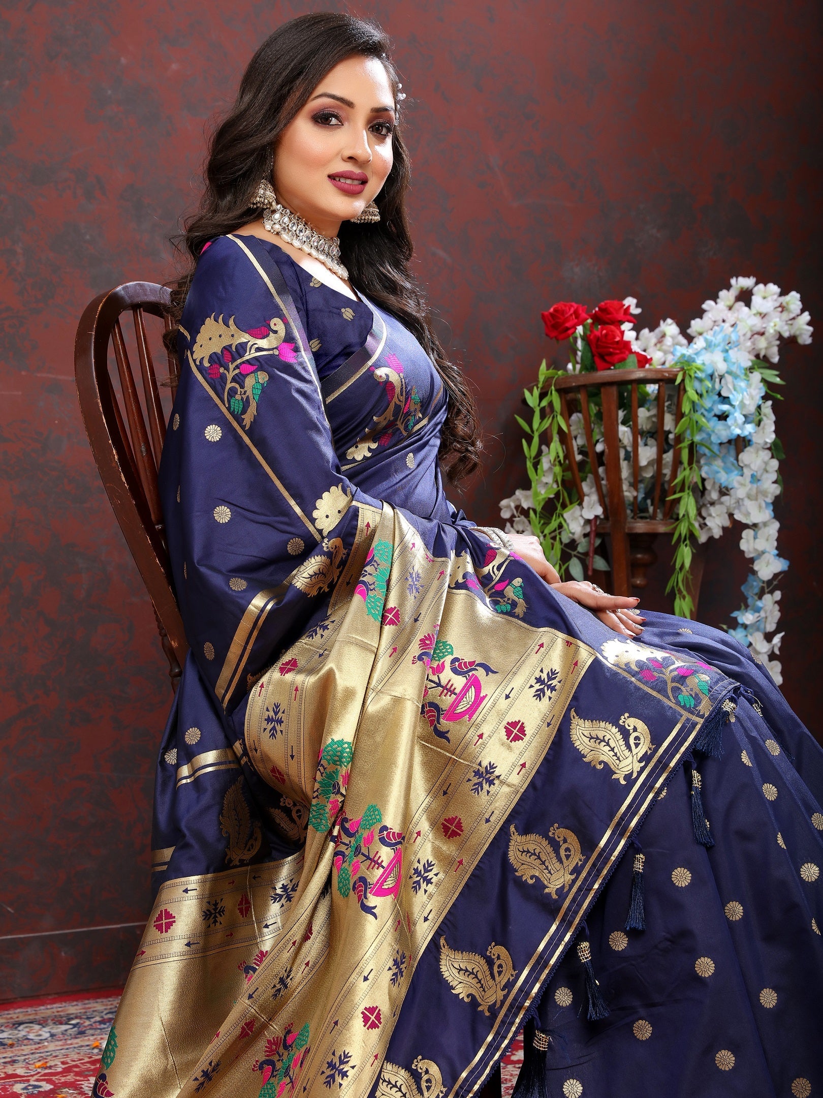 Vedant Vastram Navy Blue Color Paithani Silk Saree - Navy Blue | Grocsy