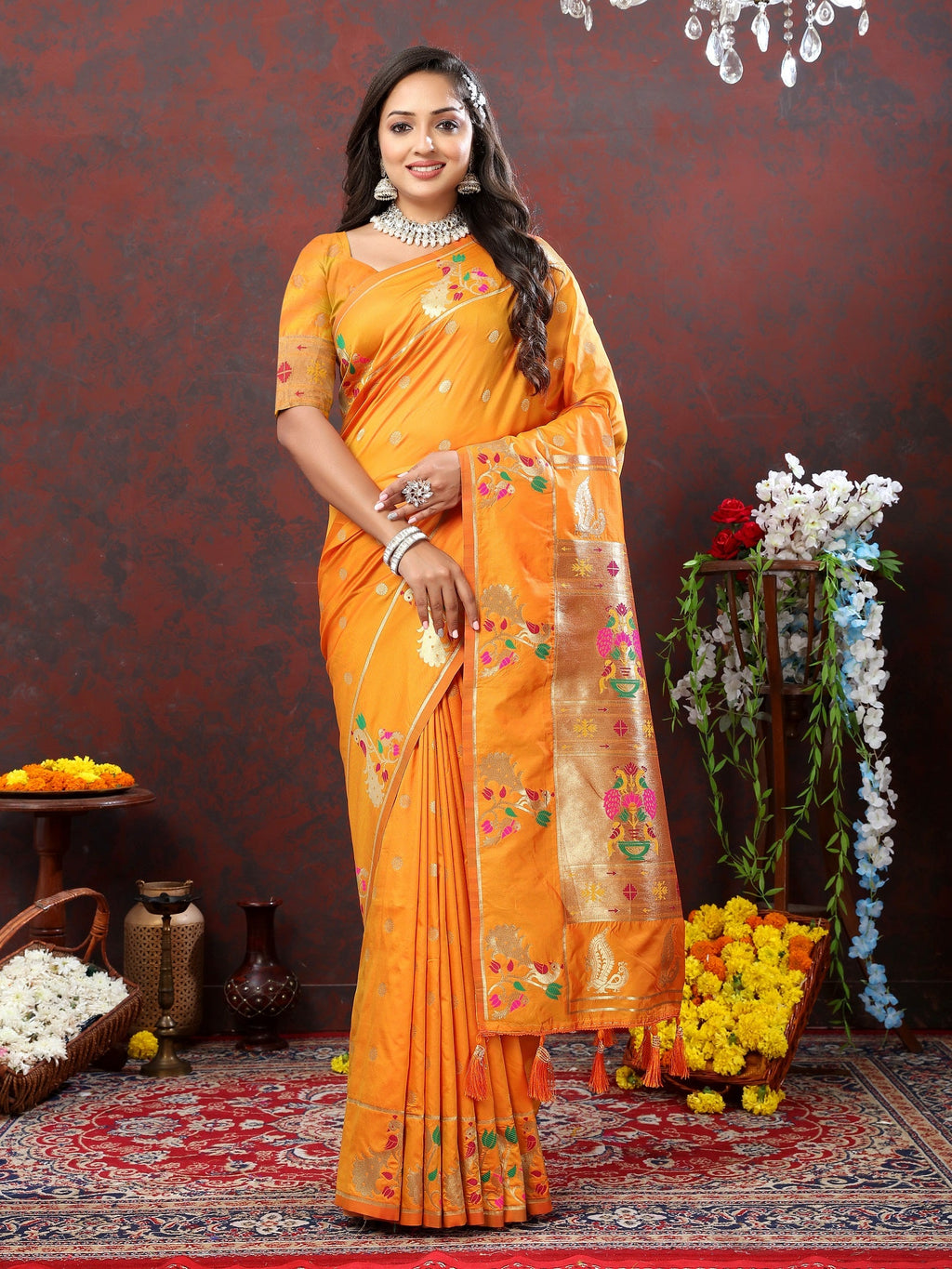Vedant Vastram Orange Color Paithani Silk Saree - Orange | Grocsy