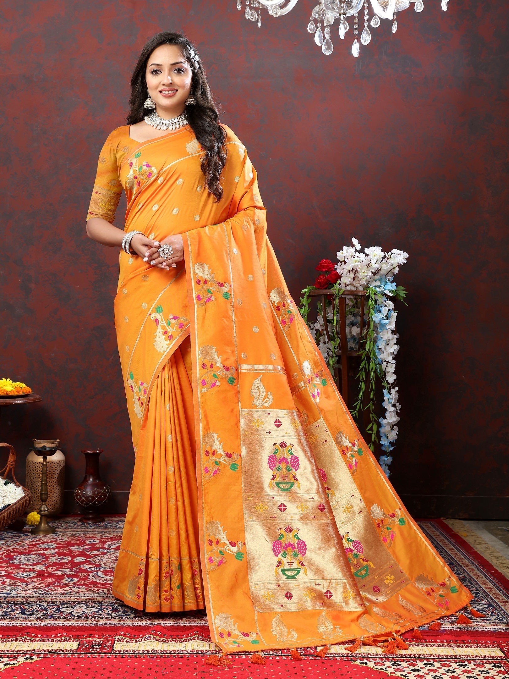 Vedant Vastram Orange Color Paithani Silk Saree - Orange | Grocsy