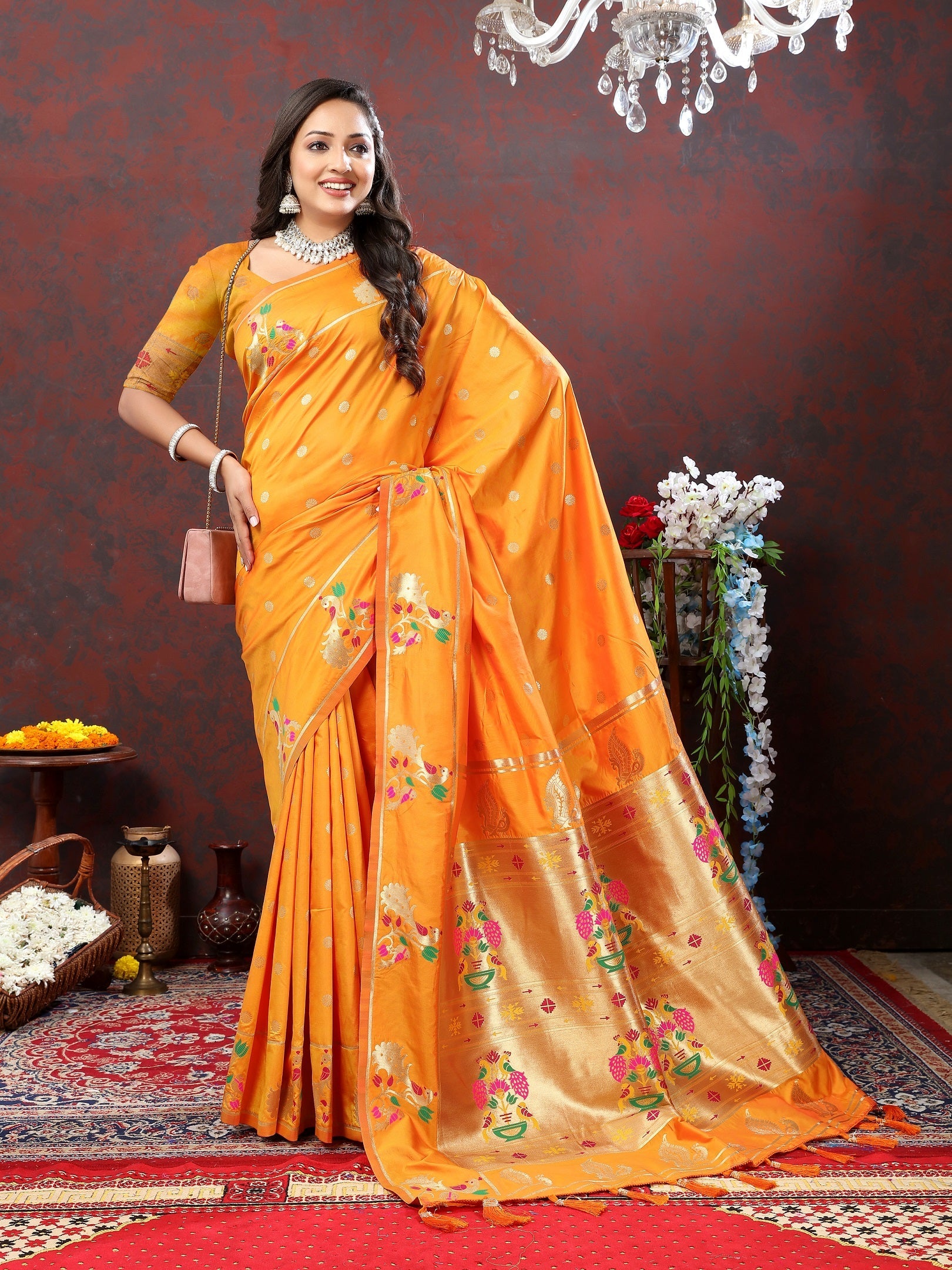 Vedant Vastram Orange Color Paithani Silk Saree - Orange | Grocsy