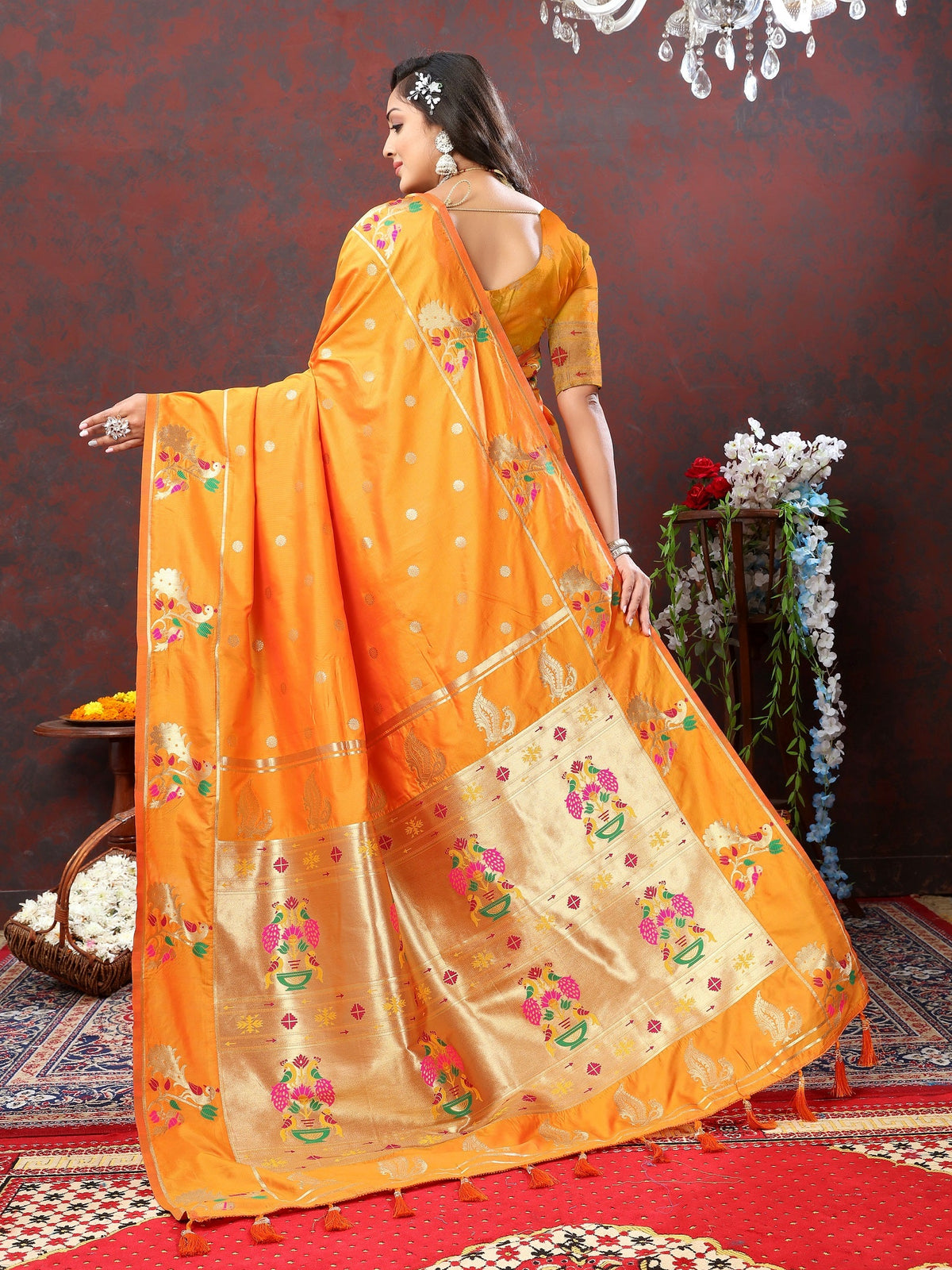 Vedant Vastram Orange Color Paithani Silk Saree - Orange | Grocsy