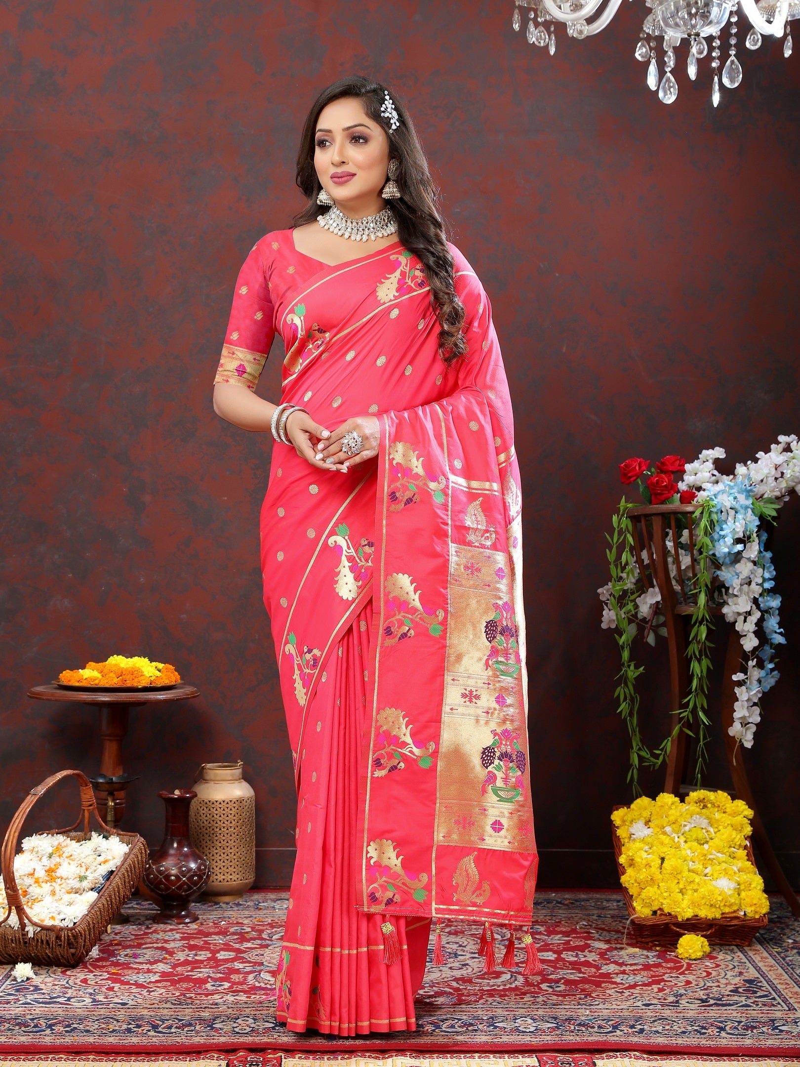 Vedant Vastram Peach Color Paithani Silk Saree - Peach | Grocsy