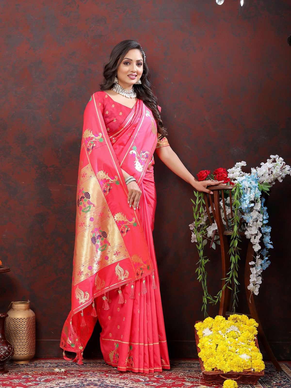 Vedant Vastram Peach Color Paithani Silk Saree - Peach | Grocsy