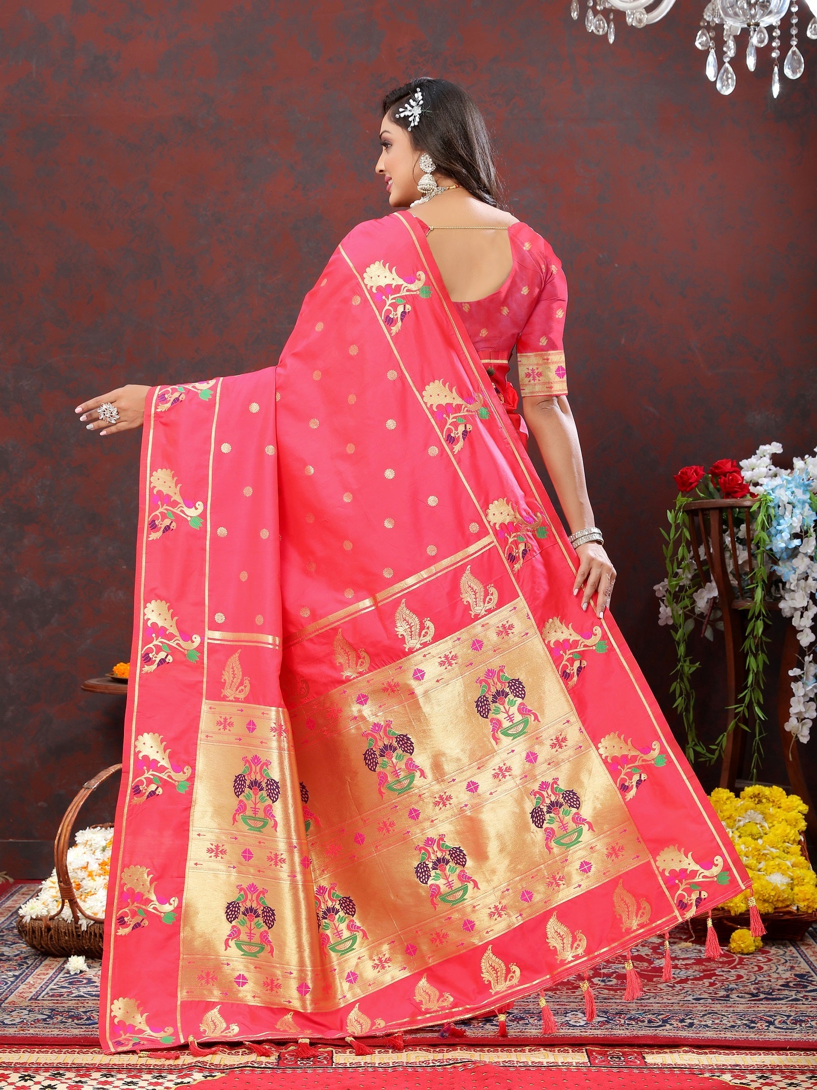 Vedant Vastram Peach Color Paithani Silk Saree - Peach | Grocsy