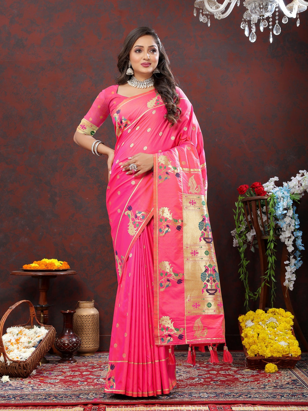 Vedant Vastram Pink Color Paithani Silk Saree - Pink | Grocsy