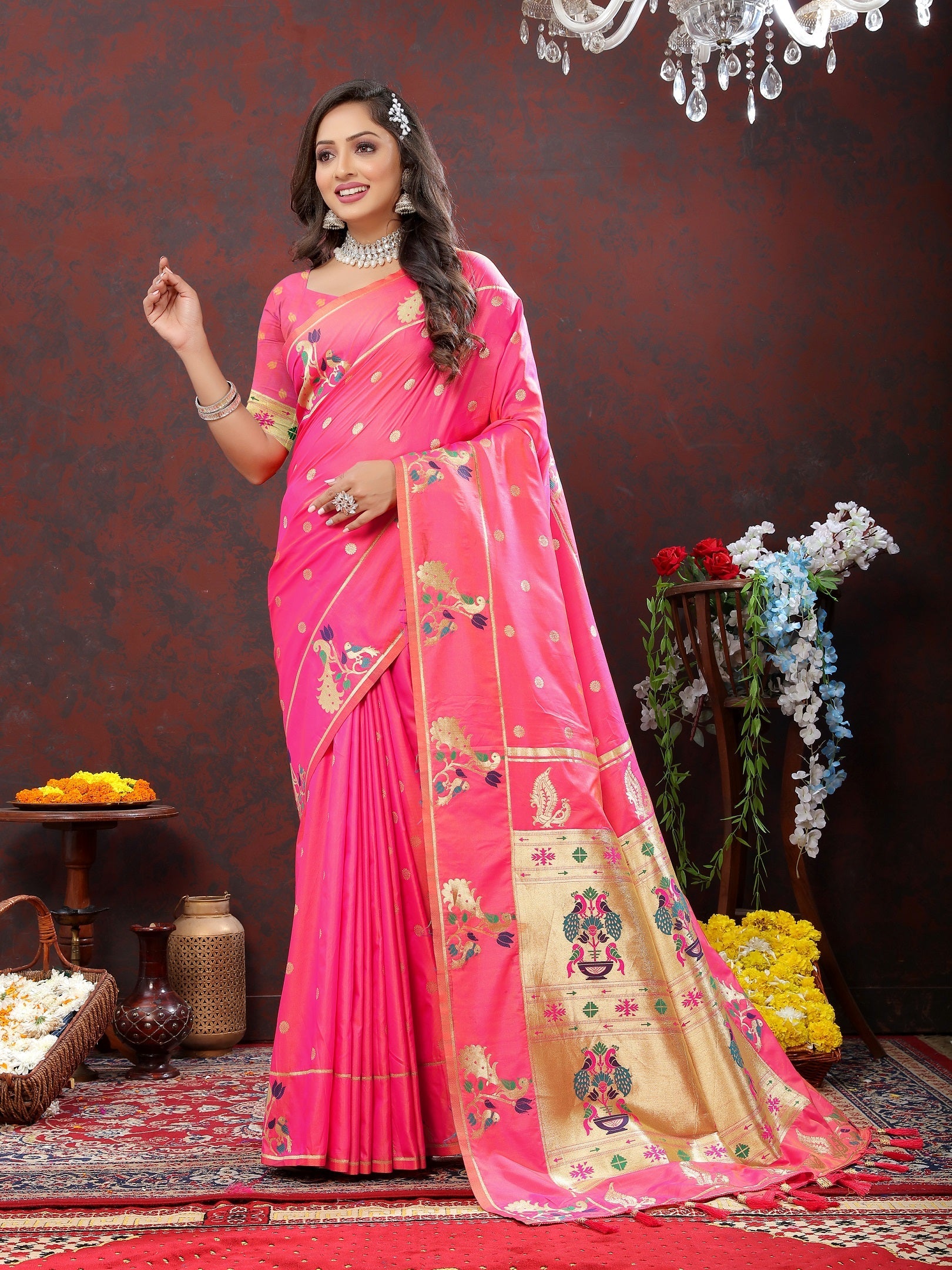 Vedant Vastram Pink Color Paithani Silk Saree - Pink | Grocsy