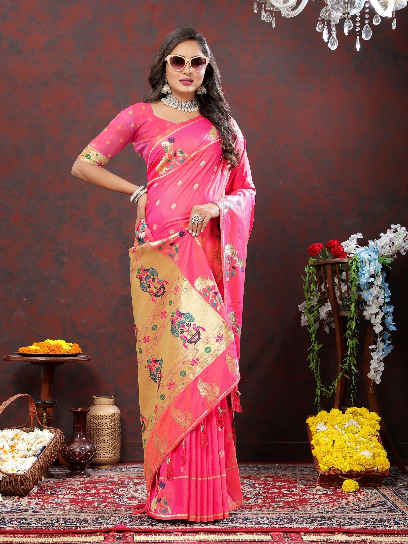 Vedant Vastram Pink Color Paithani Silk Saree - Pink | Grocsy