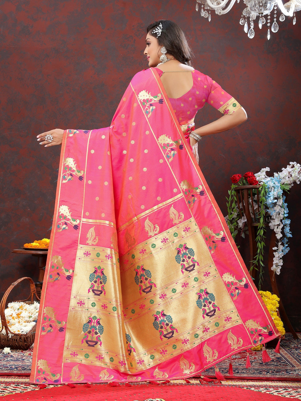 Vedant Vastram Pink Color Paithani Silk Saree - Pink | Grocsy