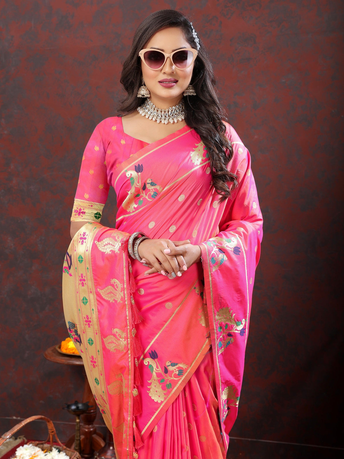 Vedant Vastram Pink Color Paithani Silk Saree - Pink | Grocsy