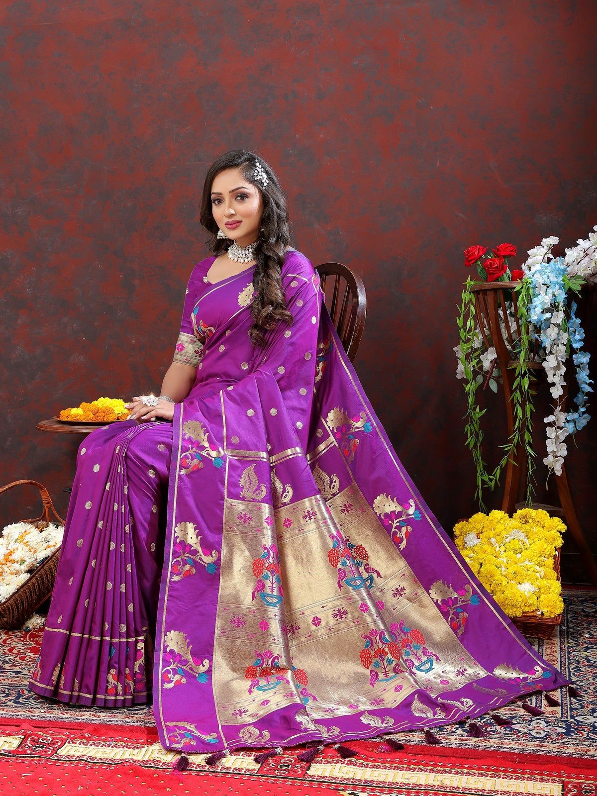 Vedant Vastram Purple Color Paithani Silk Saree - Purple | Grocsy