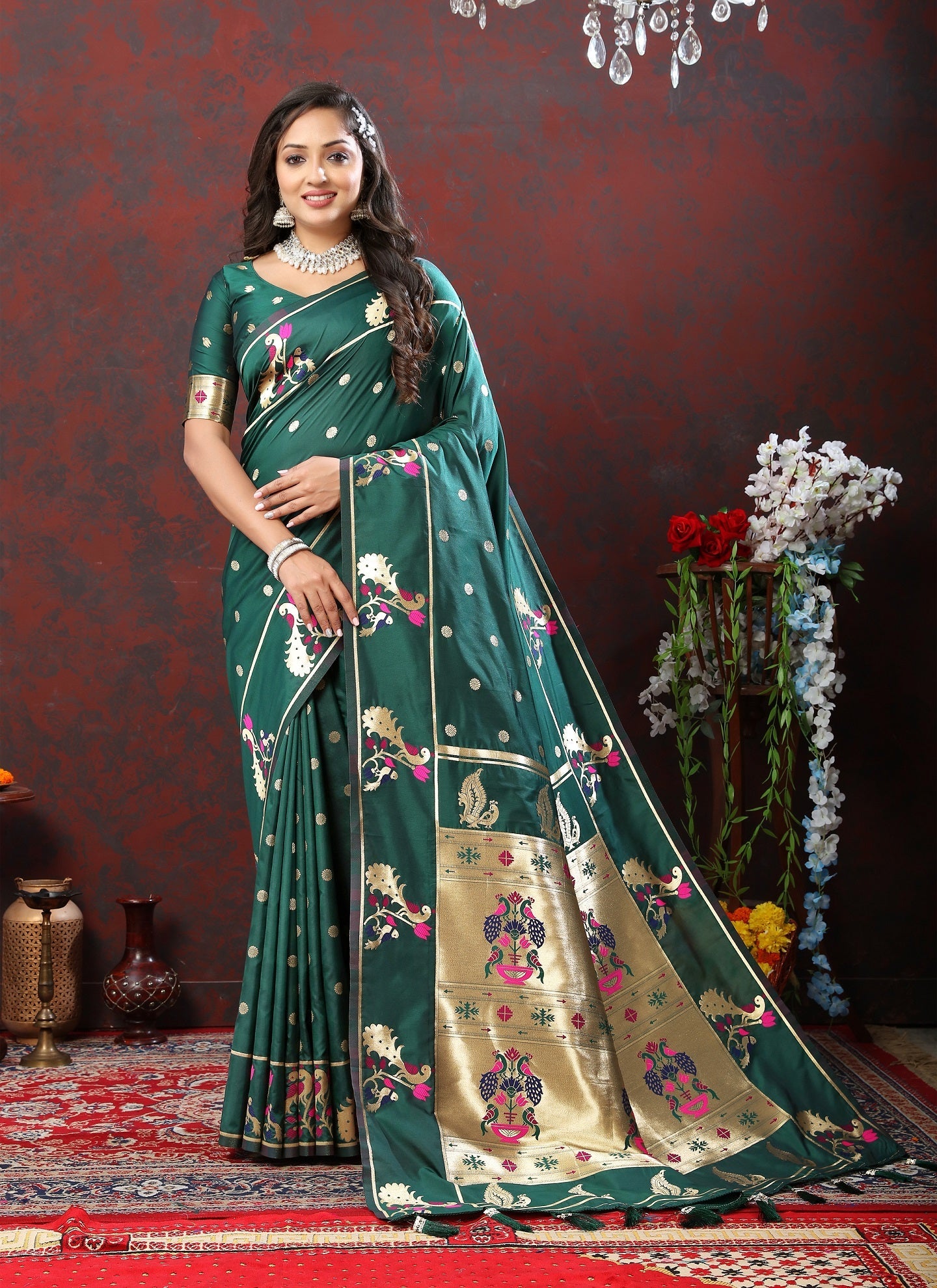 Vedant Vastram Rama Color Paithani Silk Saree - Rama | Grocsy