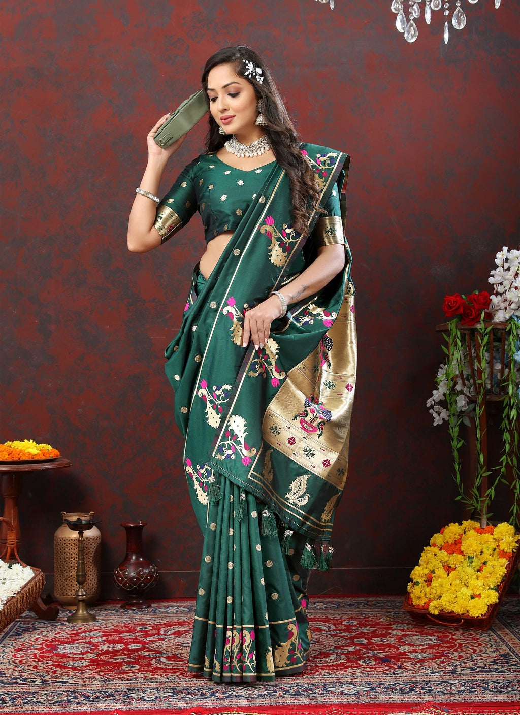 Vedant Vastram Rama Color Paithani Silk Saree - Rama | Grocsy