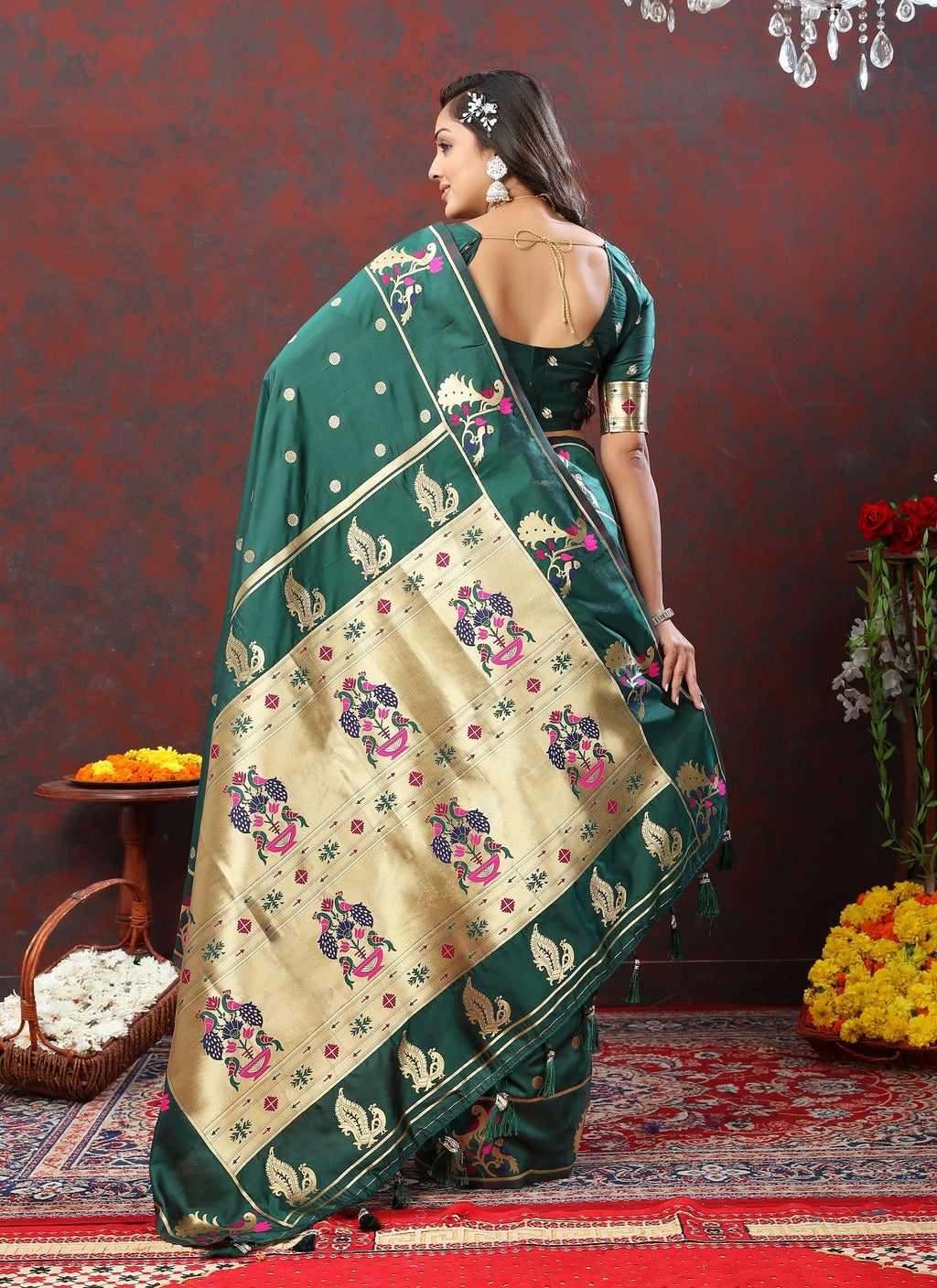 Vedant Vastram Rama Color Paithani Silk Saree - Rama | Grocsy