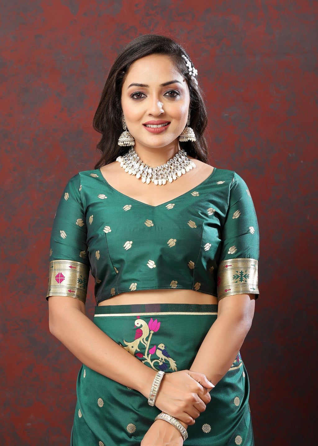 Vedant Vastram Rama Color Paithani Silk Saree - Rama | Grocsy