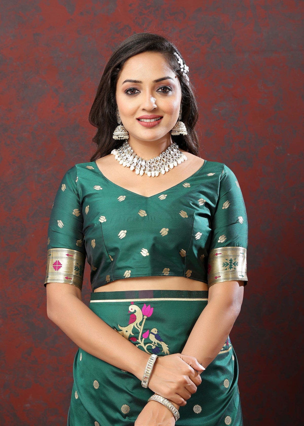 Vedant Vastram Rama Color Paithani Silk Saree - Rama | Grocsy