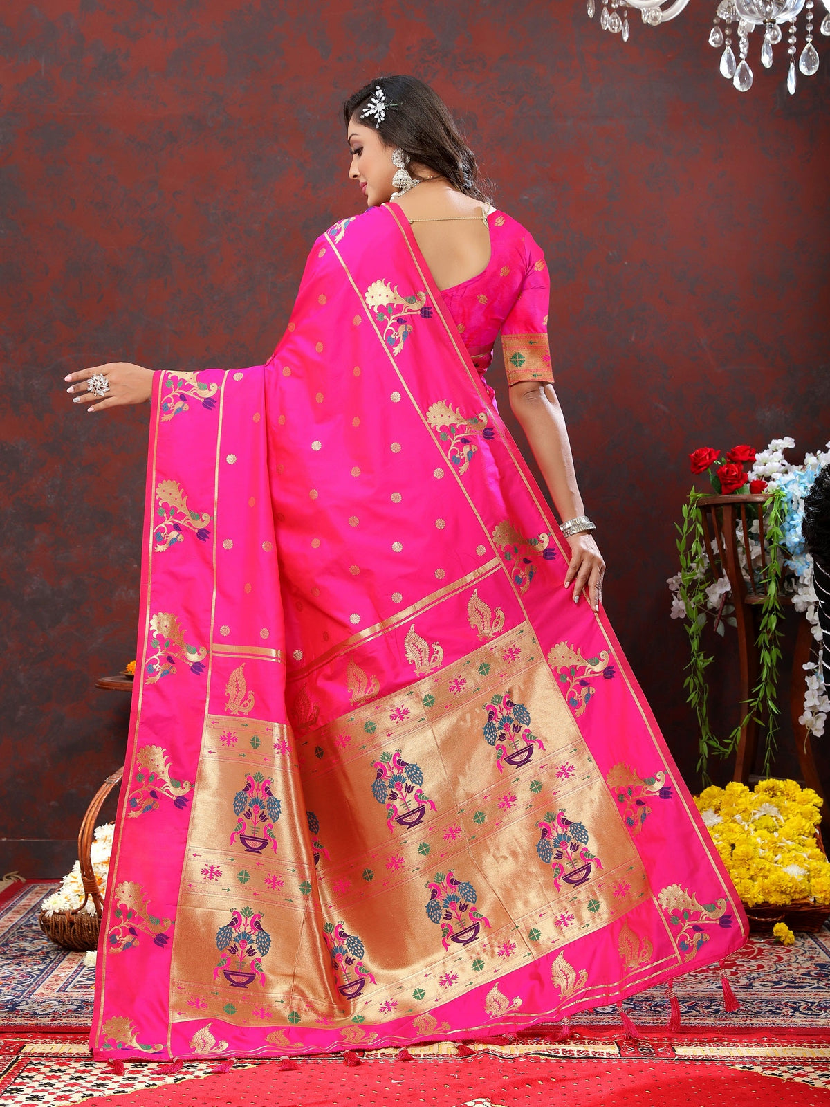 Vedant Vastram Rani Pink Color Paithani Silk Saree - Rani Pink | Grocsy