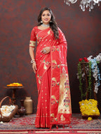 Vedant Vastram Red Color Paithani Silk Saree - Red | Grocsy