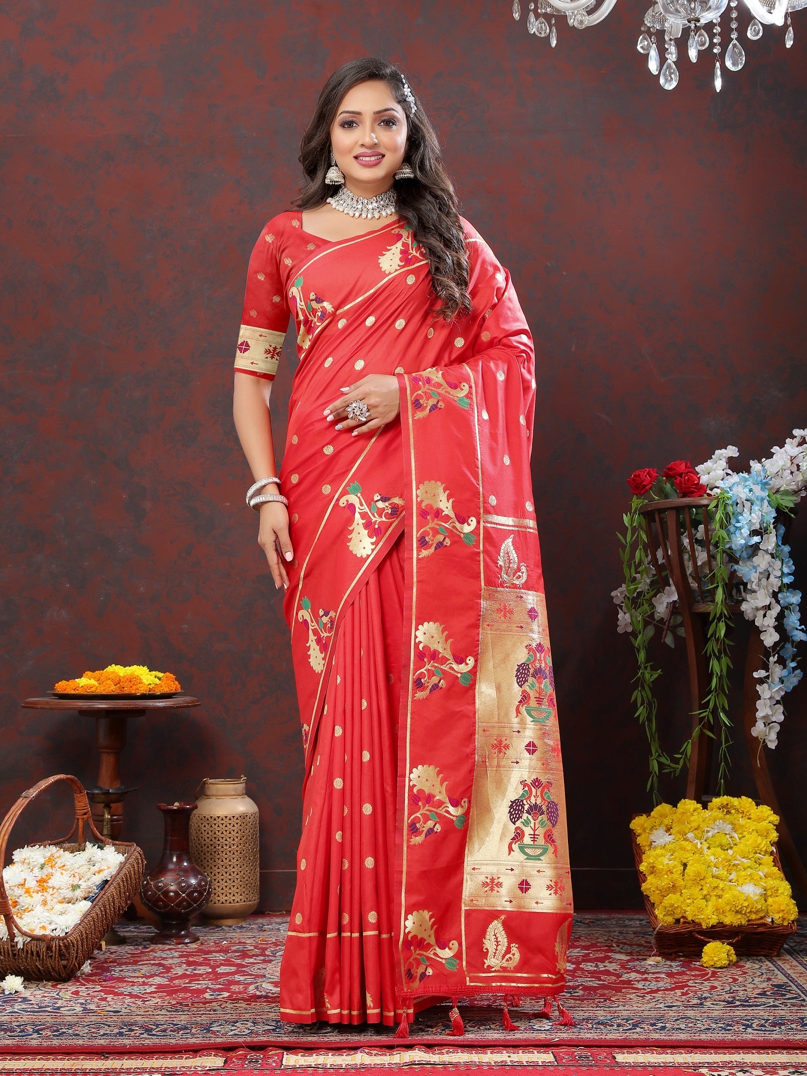 Vedant Vastram Red Color Paithani Silk Saree - Red | Grocsy