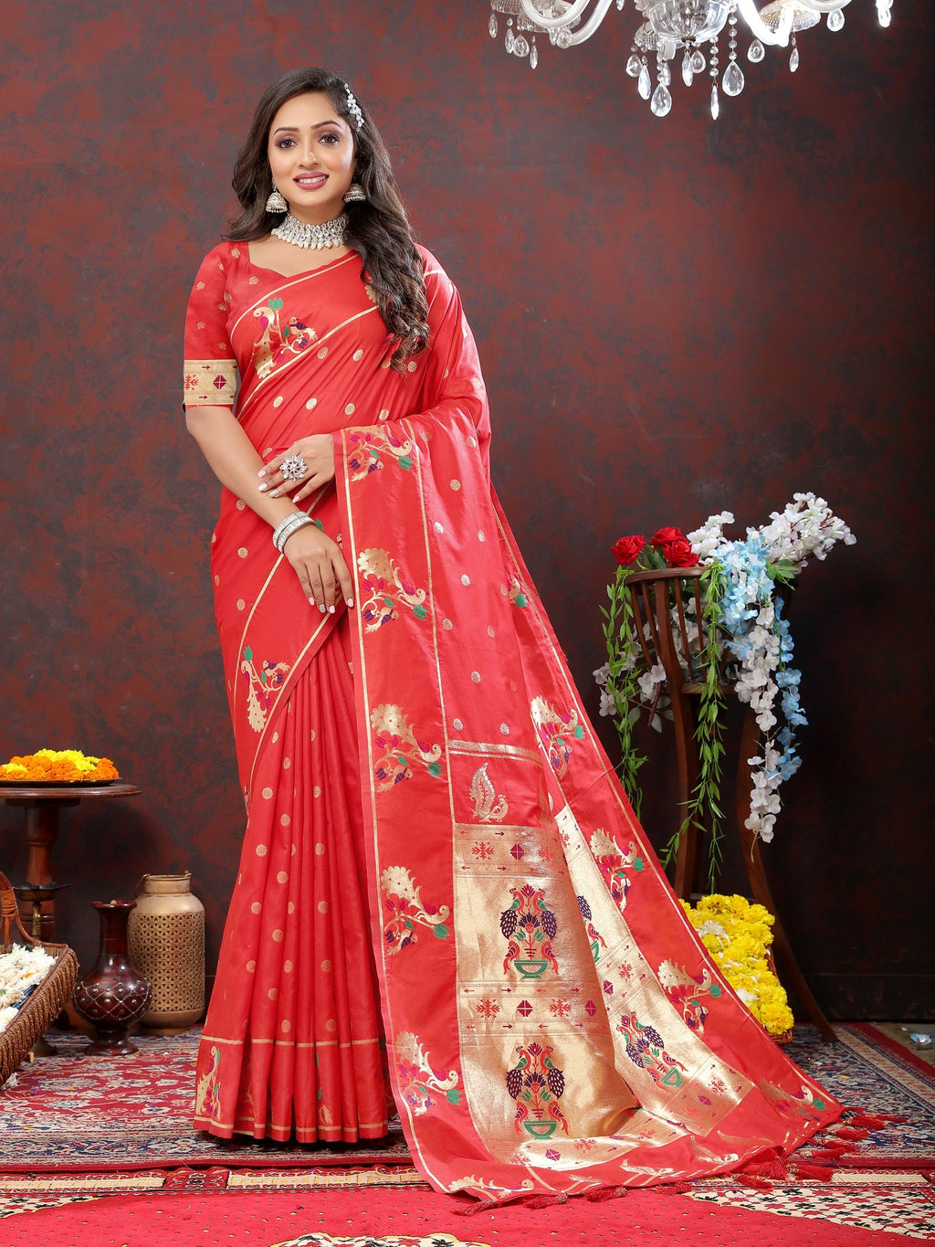 Vedant Vastram Red Color Paithani Silk Saree - Red | Grocsy